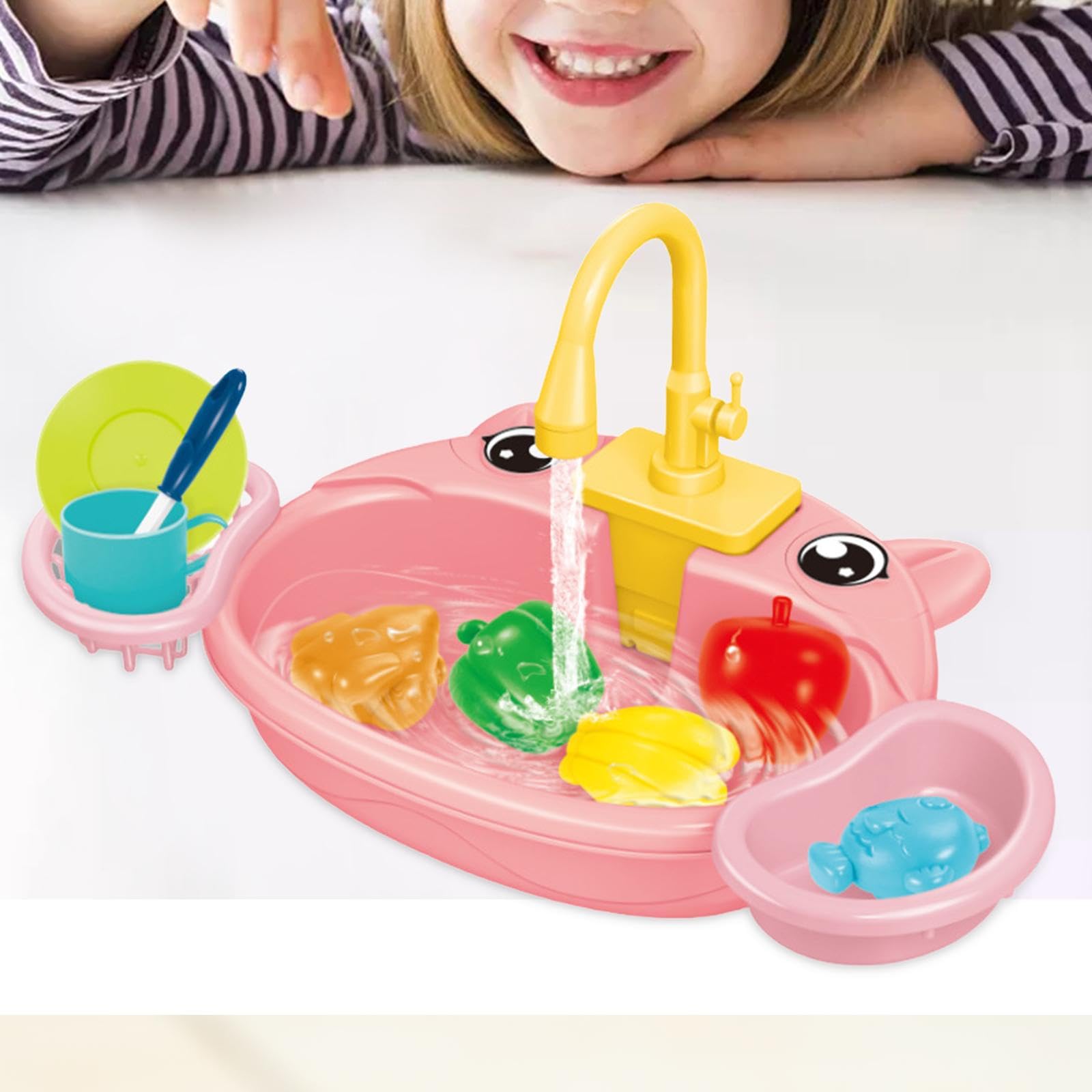 Kitchen Lavandino Giocattolo Set Bambini Simulazione Lavastoviglie Giocattolo Accessori Cucina Funzione Circolazione Acqua Adatto per Gioco, Maiale Rosa