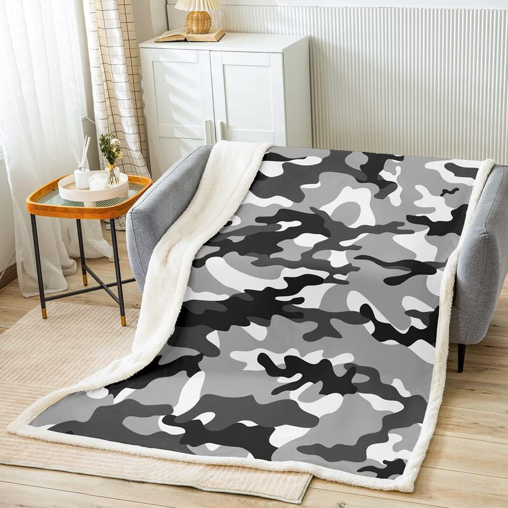 Black Grey Camo Fleece Blanket Queen Size, Camouflage Sherpa Blanket Minimalist