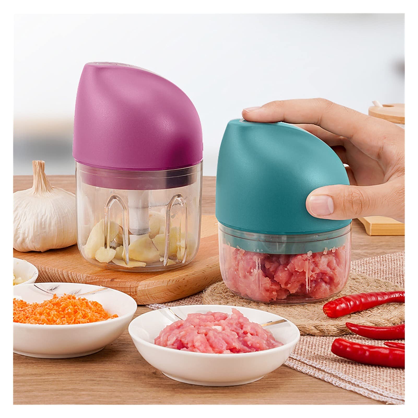 Ręczna maszynka do mięsa Elektryczny Młynek Mięso, Kruszarka do żywności, Chopper Warzywo, Masher Masher Wireless Garlic, Narzędzie kuchenne Do mięsa mielonego (Color : 250ml purple)