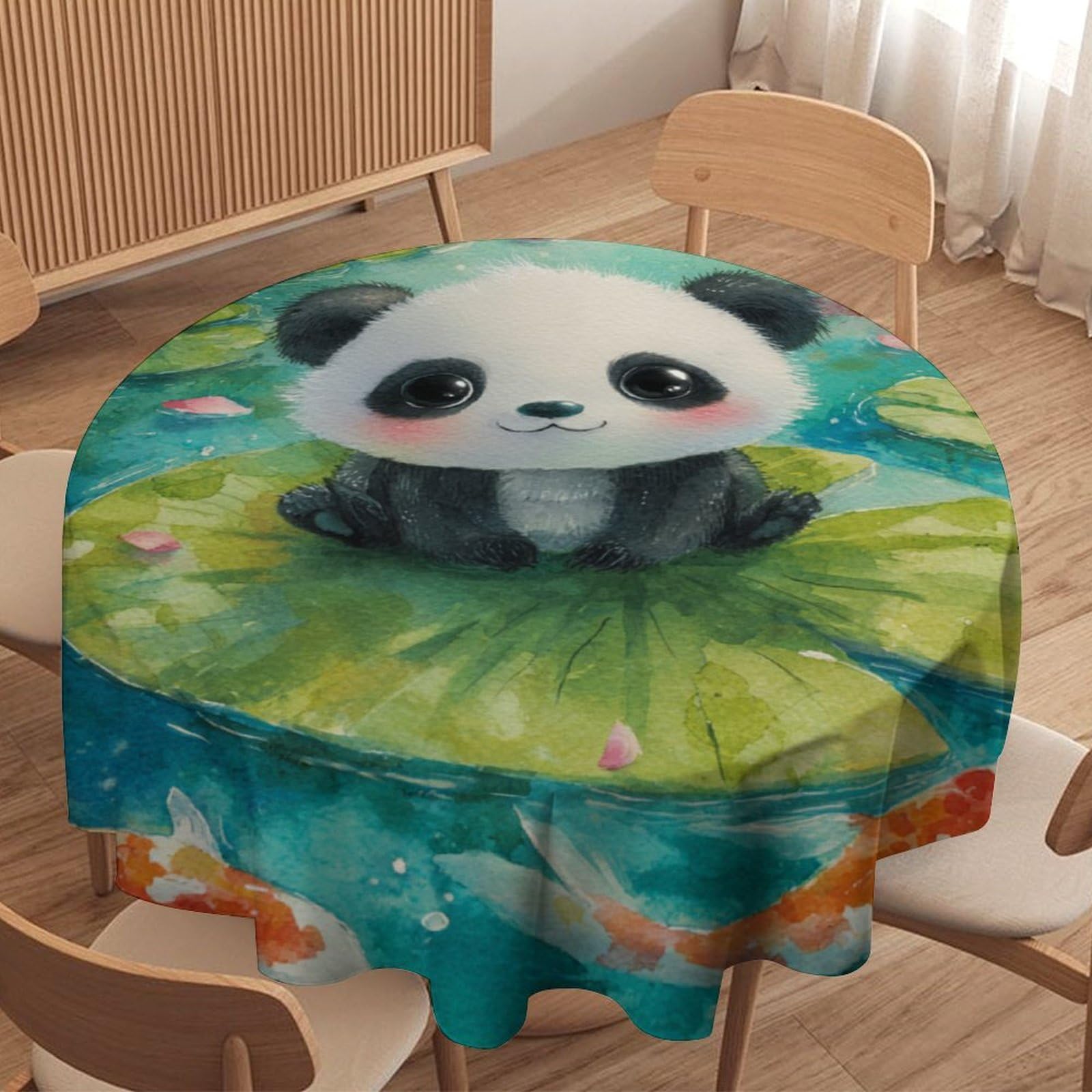 LUYYSKY Beautiful Rustic Cute Panda Round Tablecloth Modern Cartoon Natural Lotus Flowers Animal Panda Fish Washable Decor for Table Cover for Kitchen-127 Wx127 L cm