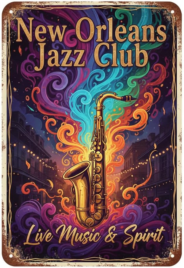 New Orleans Jazz Club Metal Tin Sign 8x12 Inch - Retro Wall Decor For Man Cave，Home, Bar, Kitchen, Garage