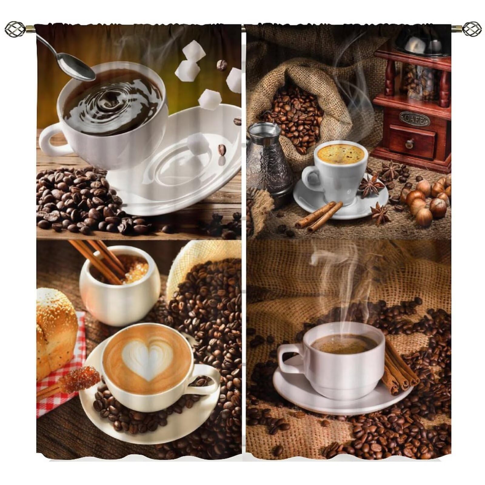 Yearn Jear Coffee Curtains for Kitchen Window Treatments, Rustic Vintage Brown Coffee Theme Latte Tea Cup Kitchen Curtains for Living Room,Cafe Brown