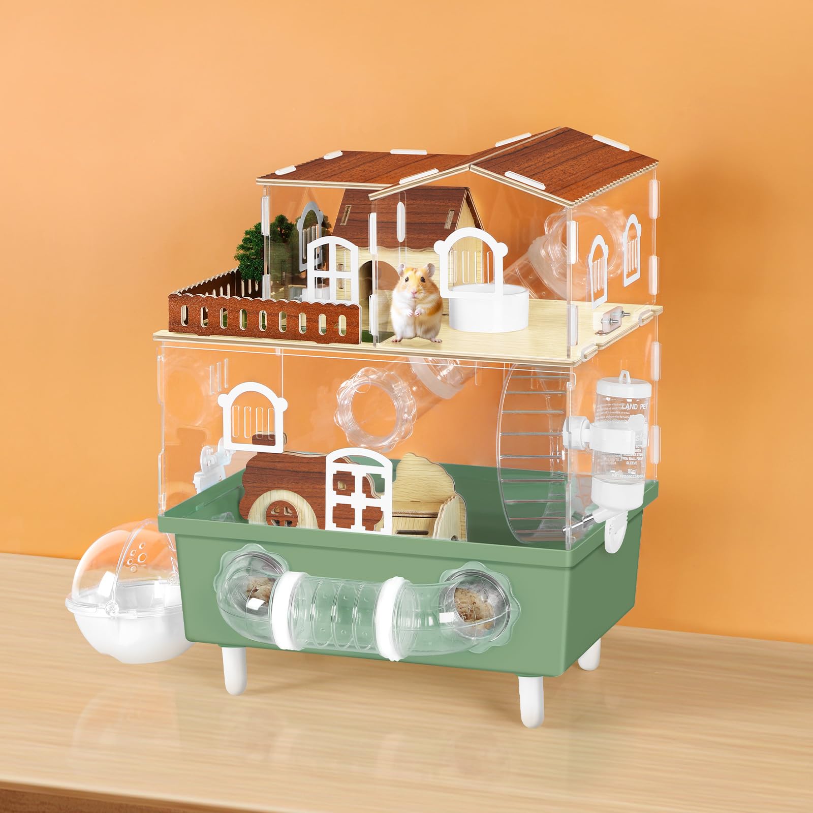 Acrylic Hamster Cage Large Hamster Habitat Dwarf Hamster Enclosure, 13.3''* 9.8''* 17.4'' Clear Pet Mice House for Syrian Small Hamsters, Green