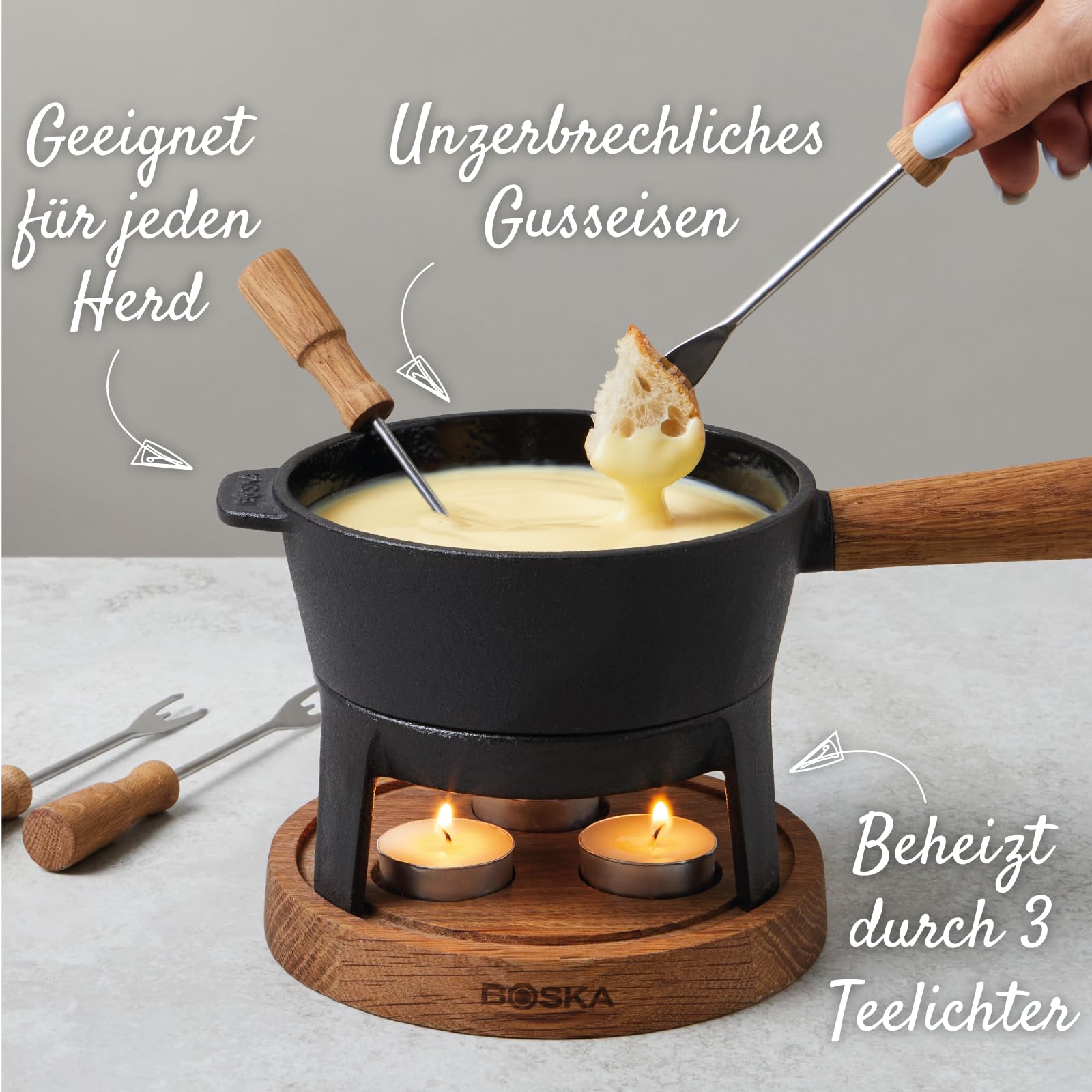 BOSKA Fondue Set Pro S - 2 bis 4 Personen - Käsefondue Teelichter mit Stil - 700 ml Inhalt für 350 gr Geschmolzenen Käse [Ink. Fonduegabeln] [Stabile, Eichenholz und Edelstahl]
