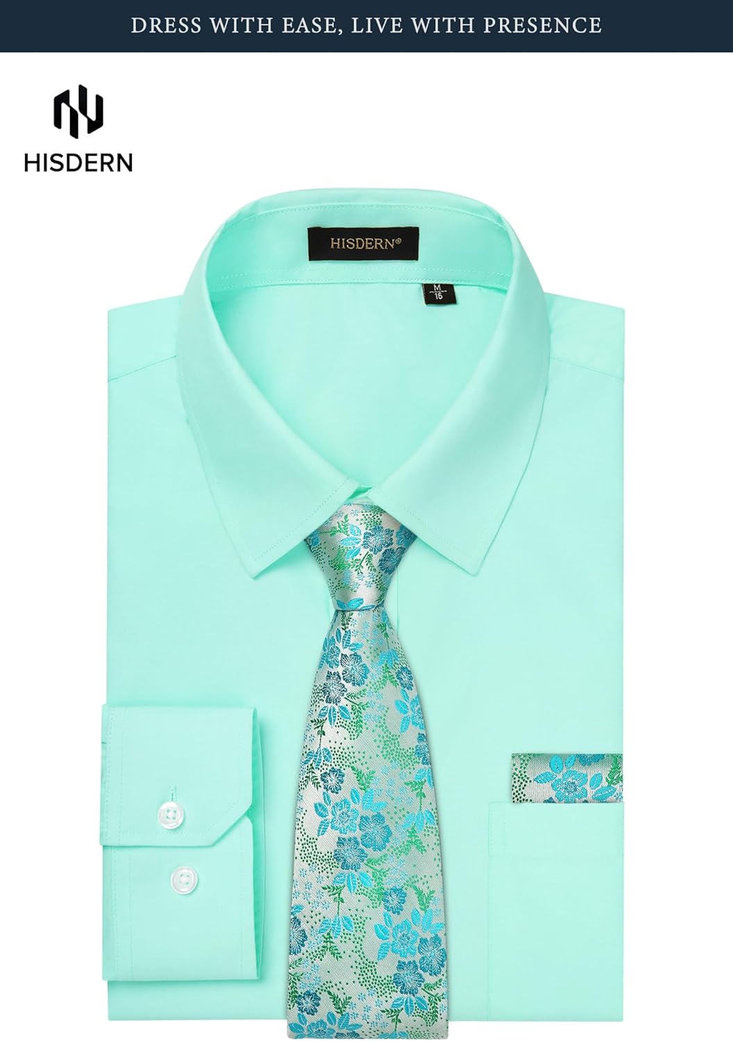 HISDERN 503 Mens Dress Shirt and Tie Handkerchief Set Classic Long Sleeve Shirts Matching Ties Formal Button Down Shirts - Image 3