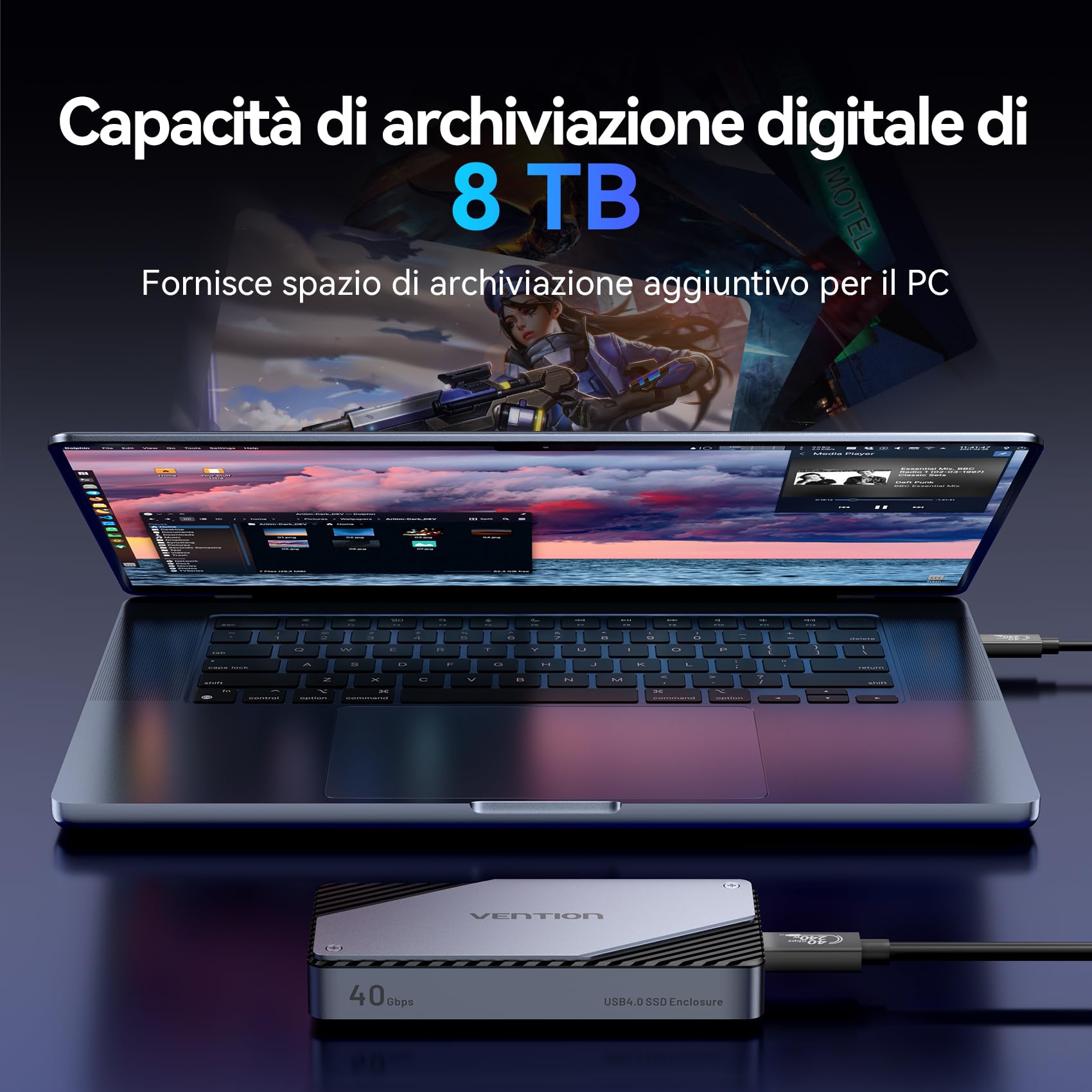 VENTION Custodia M.2 NVMe 40Gbps, Carcasa PCIe in alluminio con ventola intelligente, Cassa SSD senza strumenti per USB4/Thunderbolt, Supporto clav. M/M+B 2230/2242/2260/2280