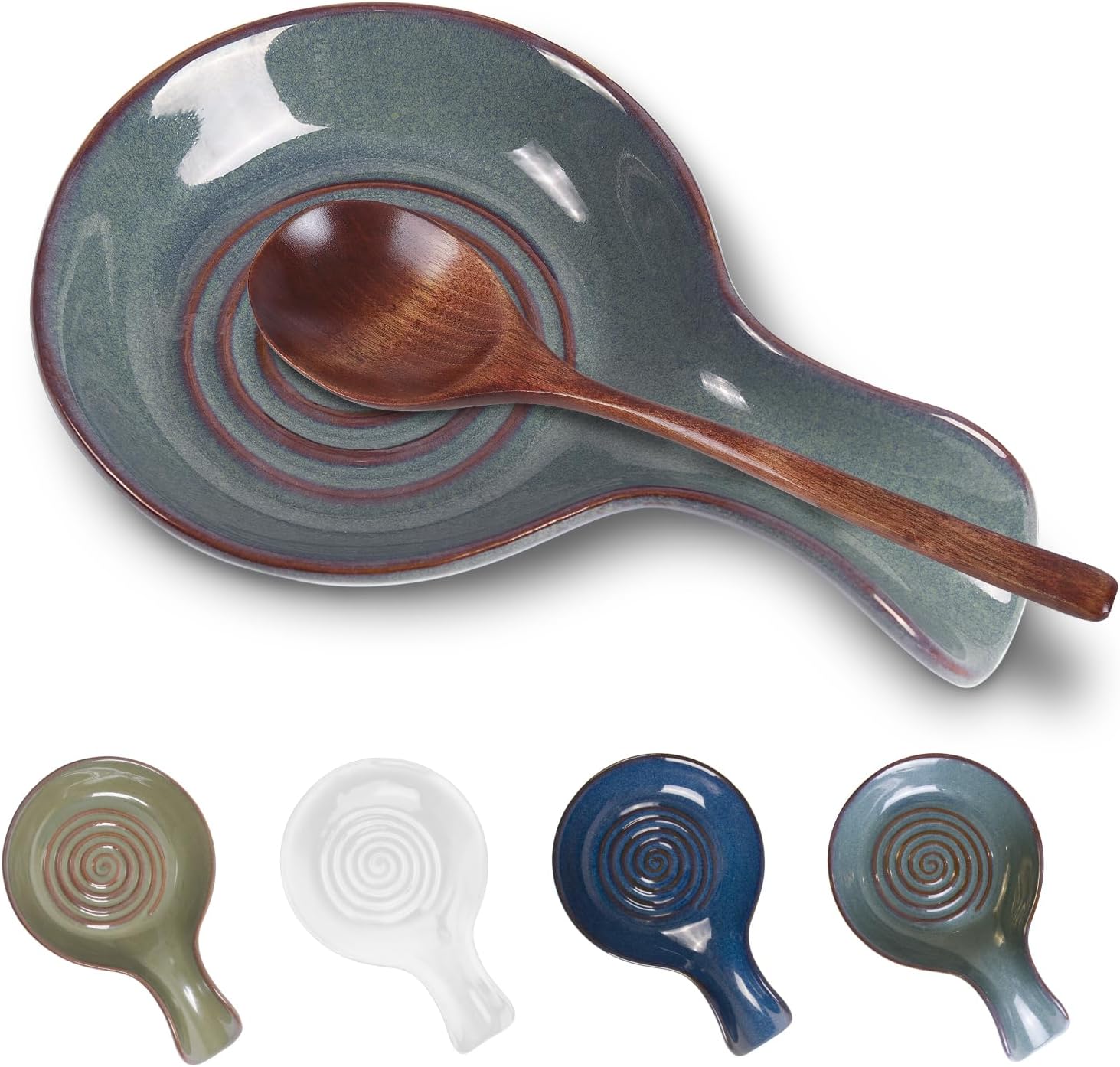 JINIHFW Spoon Rest for Kitchen, Ceramic Spoon Holder for Stove Top, Cooking Spoon Holder,Kitchen Spoon Rest,Heat Resistant Utensil Rest for Countertop, Dishwasher Safe, Blue-Green