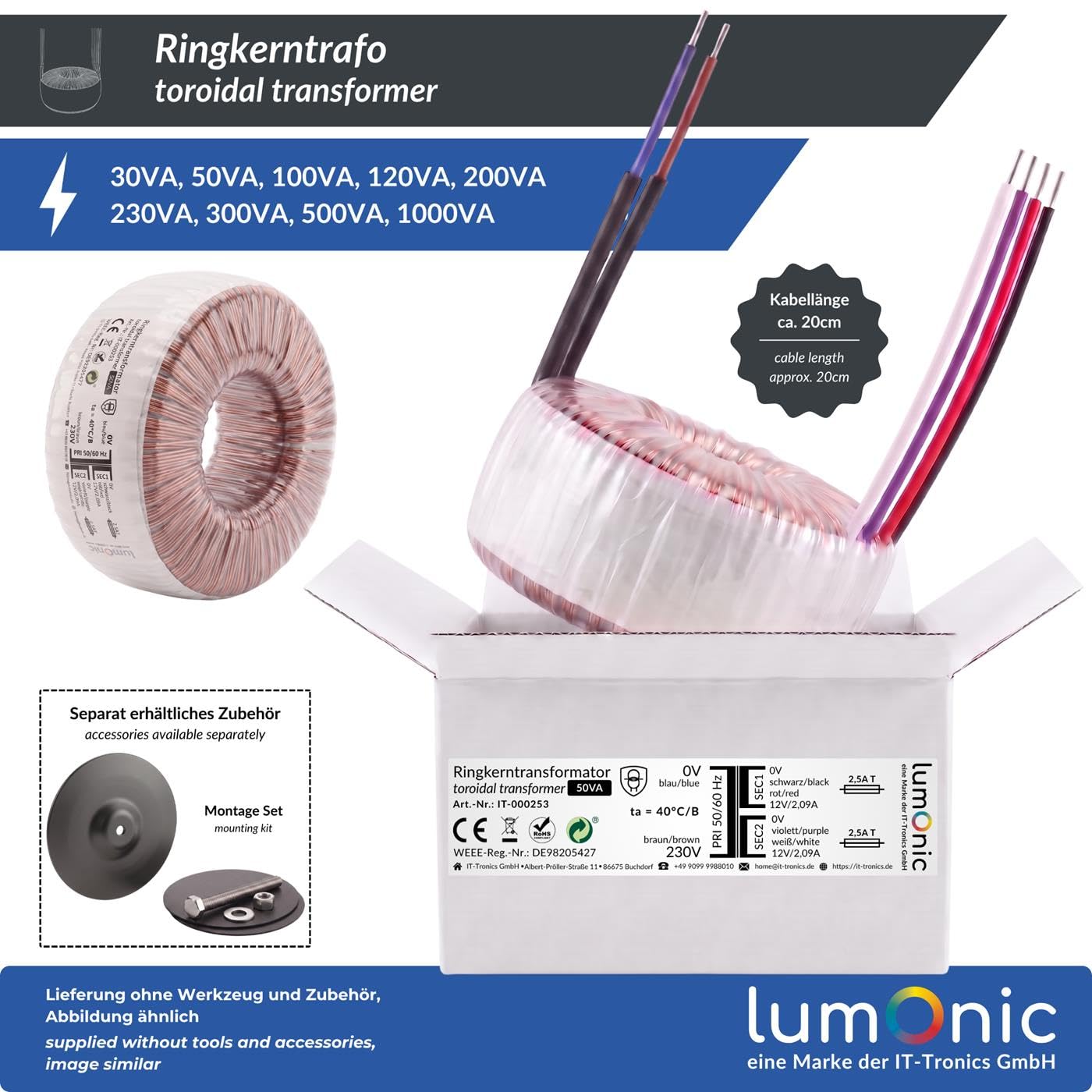 Lumonic Ringkerntrafo, 200 VA, 2x 6 V + 12 V, 230 V - Ringkerntransformator, 230 V Primär, 2x 6 V + 12 V gleichzeitig, für Verstärkerbau, Netzteile, Beleuchtung