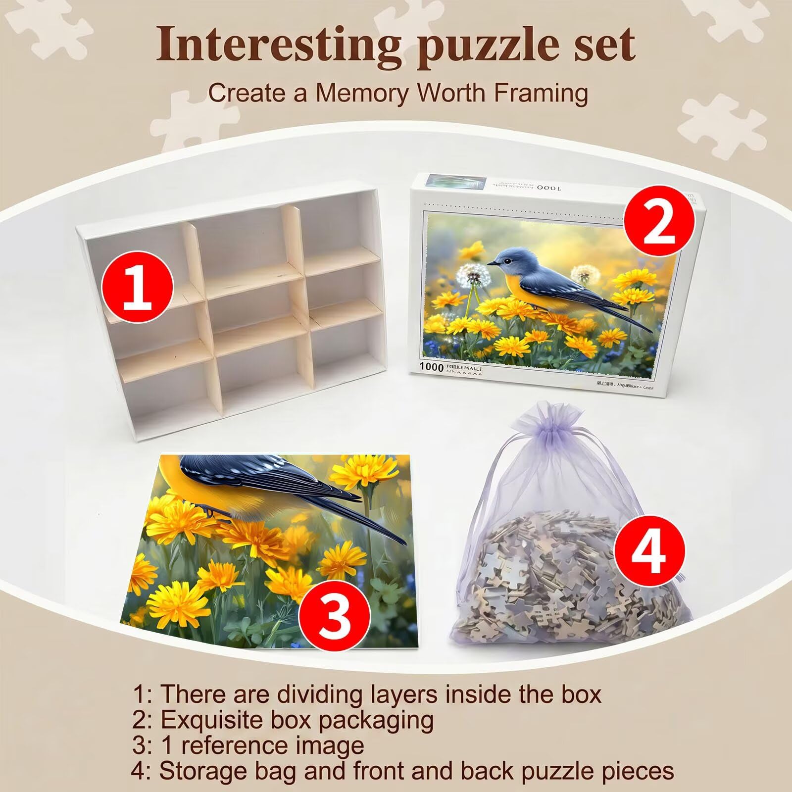 fiore uccello Puzzle 3000 Pezzi per Adulti, Puzzle in Legno - Collezione Classica con Poster Incluso - Sfida di Concentrazione e Passatempo Antistress, Gioco Educativo per Famiglia, 122 x 81 cm f0-362