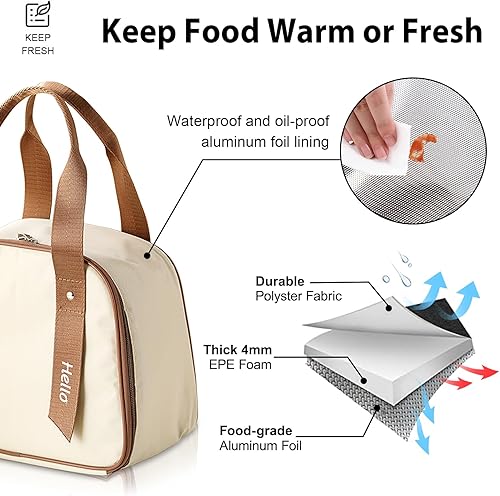 Miniatura 4 de Lamtwbos Bolsa de almuerzo aislada beige para niñas y mujeres, lonchera térmica, portátil, impermeable, para el trabajo escolar
