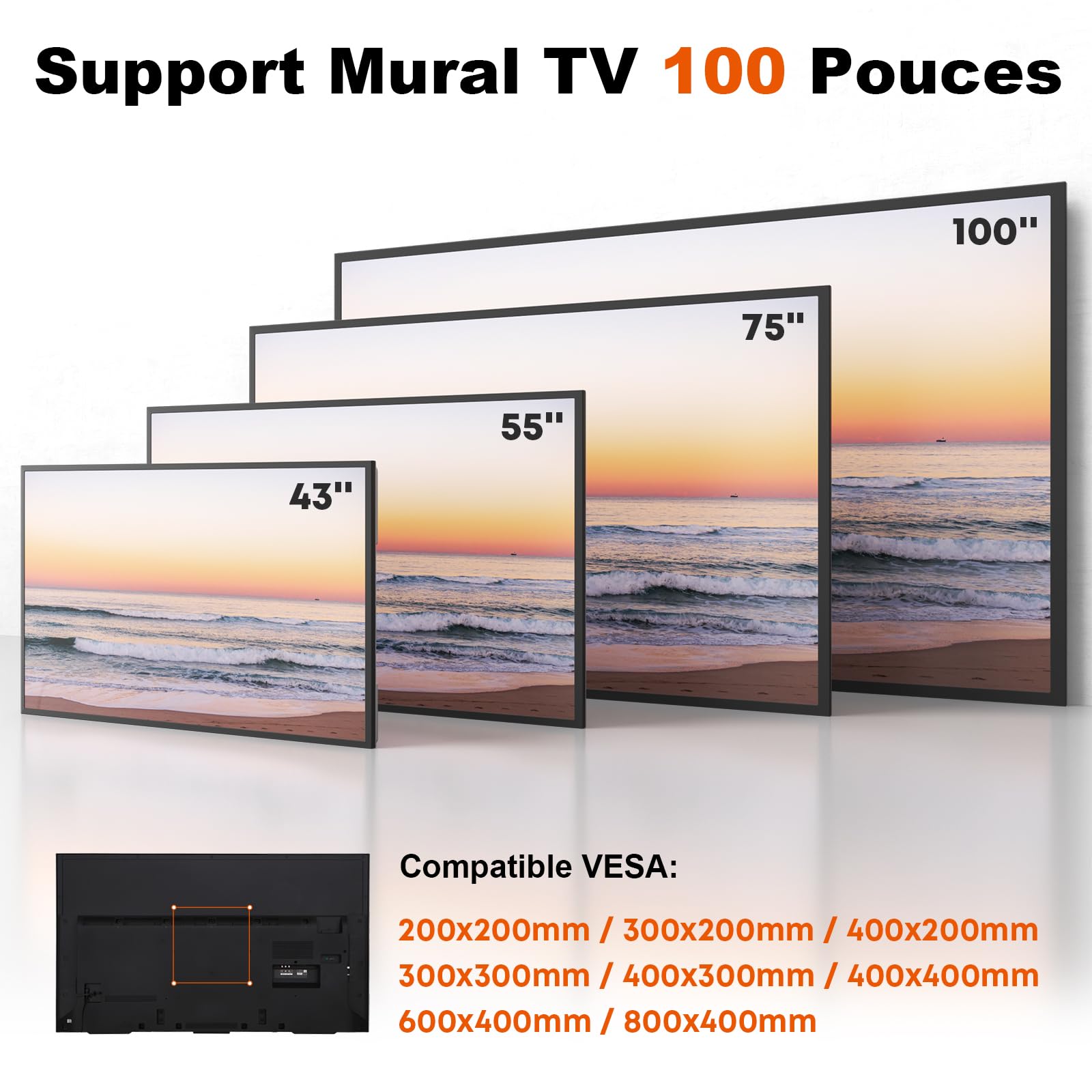 Support Mural TV-Universel Incliné 43-100 Pouces – Fixation Murale Plate Jusqu’à 75kg, Compatible VESA 800x400, pour TV Courbes & Écrans Plats, Noir, Installation Facile, Salon & Bureau