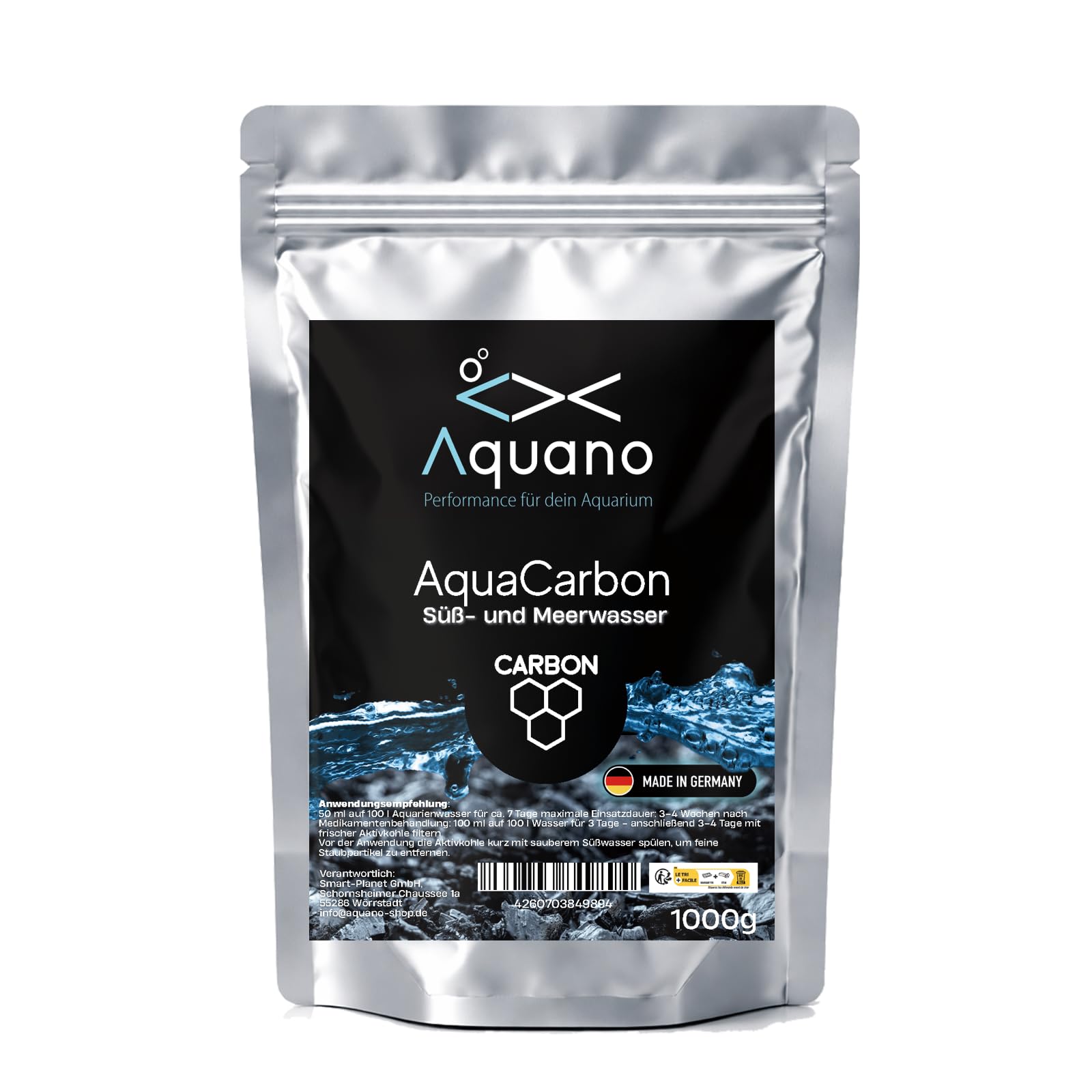 Charbon actif AquaCarbon Premium 1000 g pour aquariums d'eau douce et d'eau de mer - Parfait pour l'aquarium