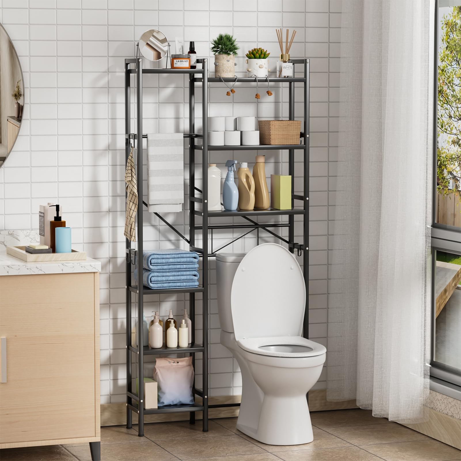 Over The Toilet Storage Cabinet, 3-Tier Bathroom Storage, Over Toilet Bathroom Organizer, Space-Saving Solution for Small Restrooms, Freestanding Organizer Holds Toiletries, Towels, Laundry and More