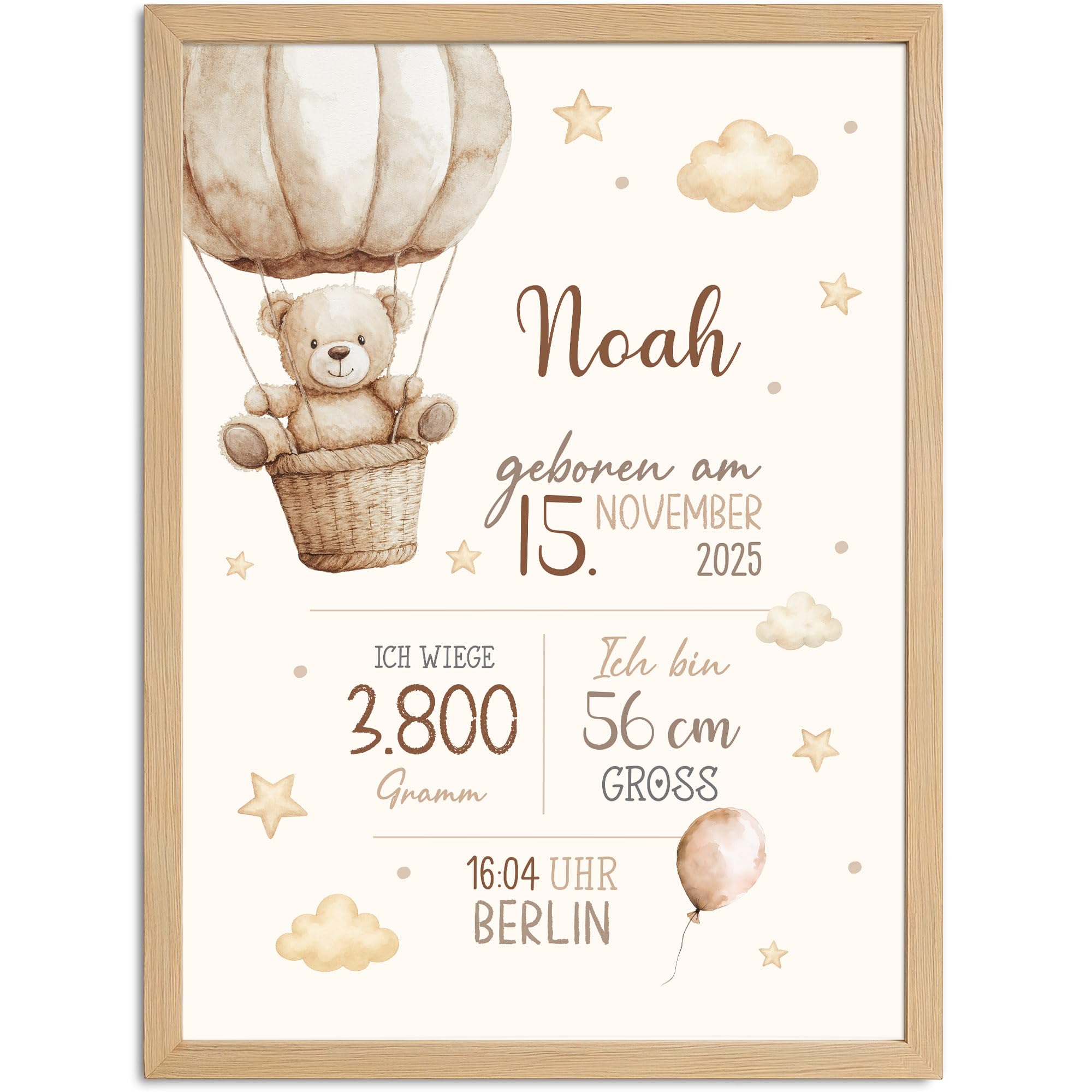 SpecialMe® Baby Poster personalisiert mit Teddybär & Heißluftballon –|Geburtsposter mit Name Geburtsdatum Gewicht Größe |Geschenk Geburt |Deko fürs Babyzimmer