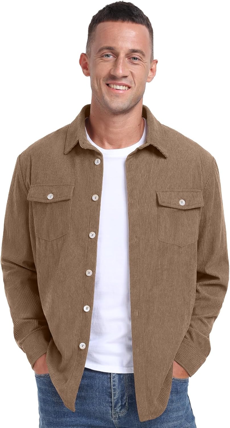 Askdeer Men's Corduroy Button Down Shirts Long Sleeve Casual Shacket Jacket Western Corduroy Shirt Jacket with Flap Pockets - Image 4