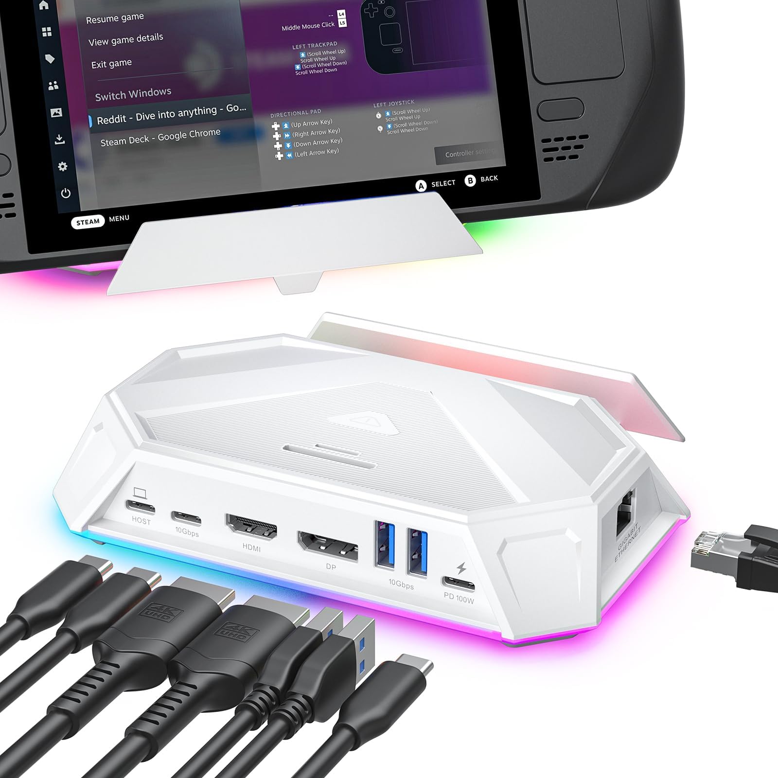 JSAUX RGB Docking Station for Steam Deck (OLED)/ROG Ally X/Legion Go, 12-in-1 Steam Deck Dock with 4K@120Hz HDMI & DisplayPort Gigabit Ethernet USB-C 3.2 USB-A 3.2/2.0, SD/TF Slots 3.5mm Jack-White