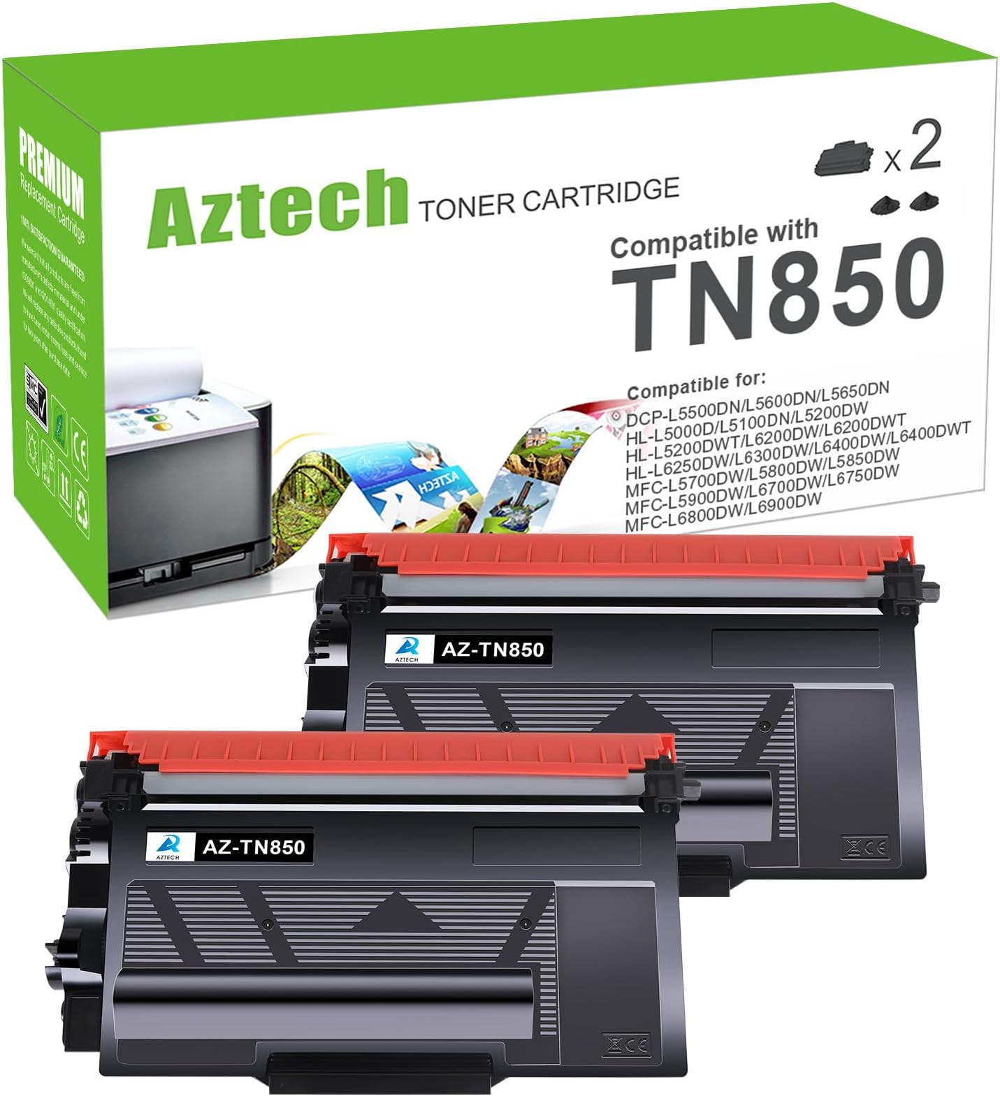 Aztech Compatible Toner Cartridge Replacement for Brother TN 850 TN850 TN-850 TN820 TN-820 HL-L6200DW MFC-L5850DW MFC-L5900DW MFC-L5700DW HL-L5200DW MFC-l5800DW Printer Ink High Yield (Black, 2-Pack)