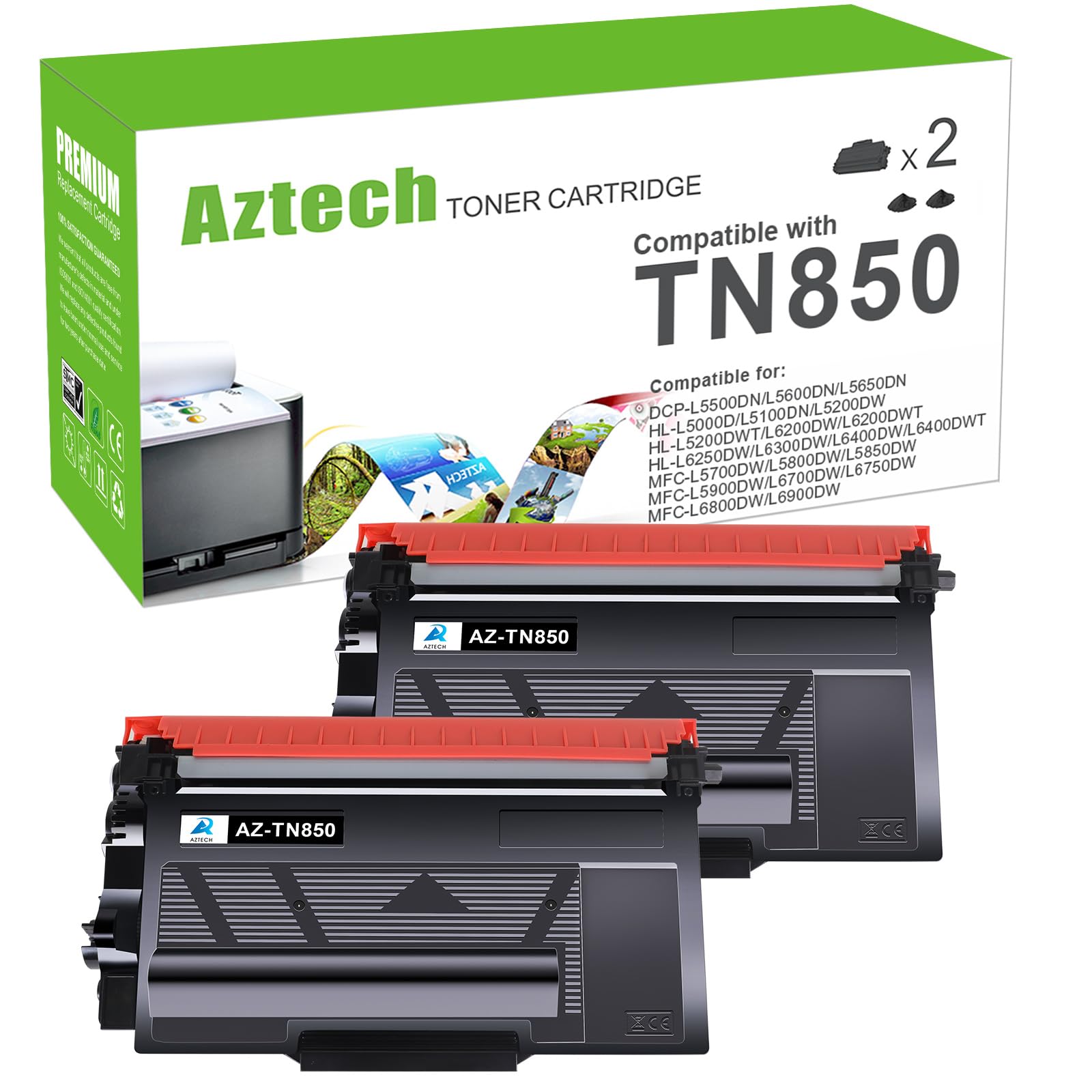 Aztech Compatible Toner Cartridge Replacement for Brother TN 850 TN850 TN-850 TN820 TN-820 HL-L6200DW MFC-L5850DW MFC-L5900DW MFC-L5700DW HL-L5200DW MFC-l5800DW Printer Ink High Yield (Black, 2-Pack)