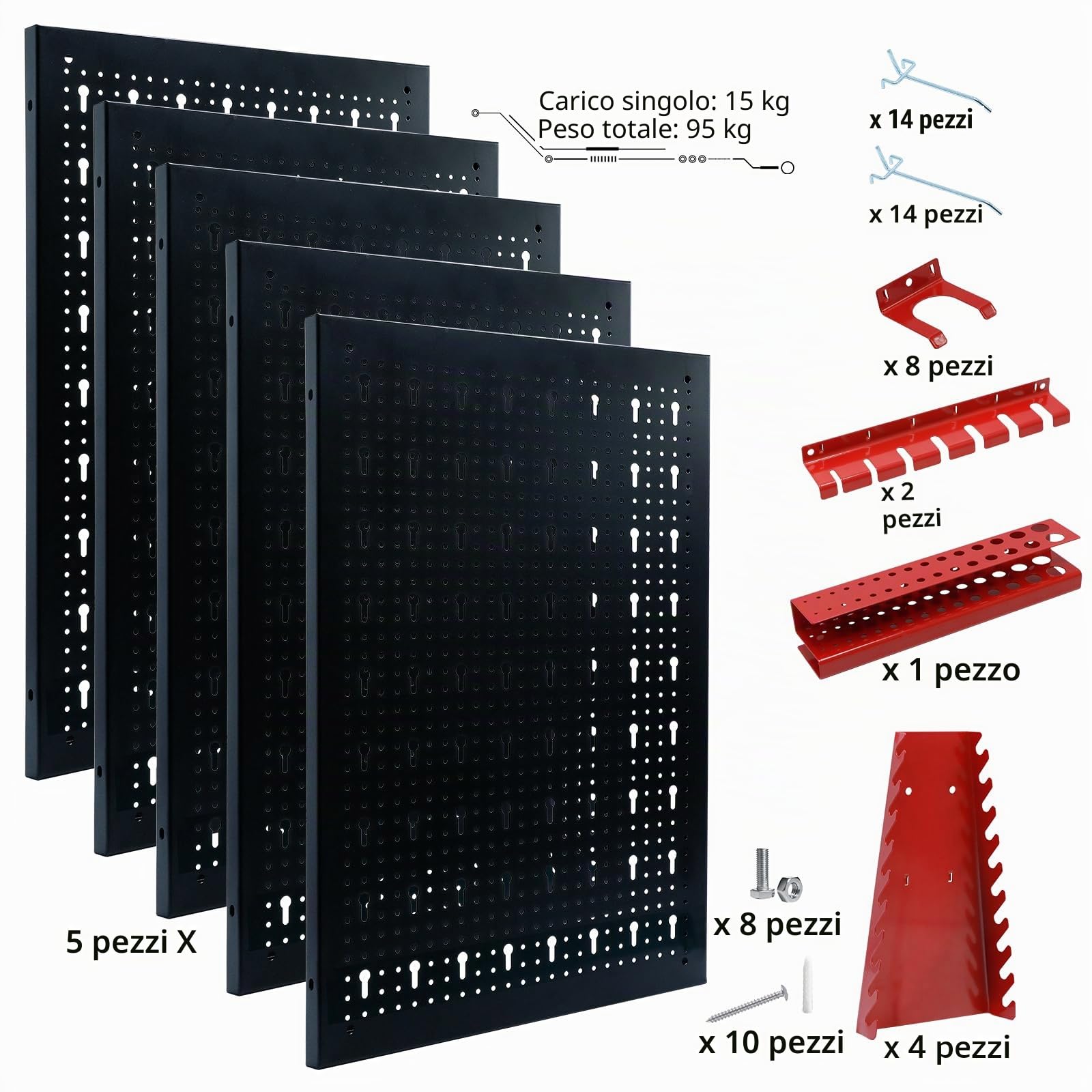 CCLIFE Pannello Porta Attrezzi Da Parete Con 43 Supporti Officina Forato Portautensili Stoccaggio 200 x 60 x 2 cm 5 Pezzi Espandibile Mensola da Parete Porta Attrezzi Nero