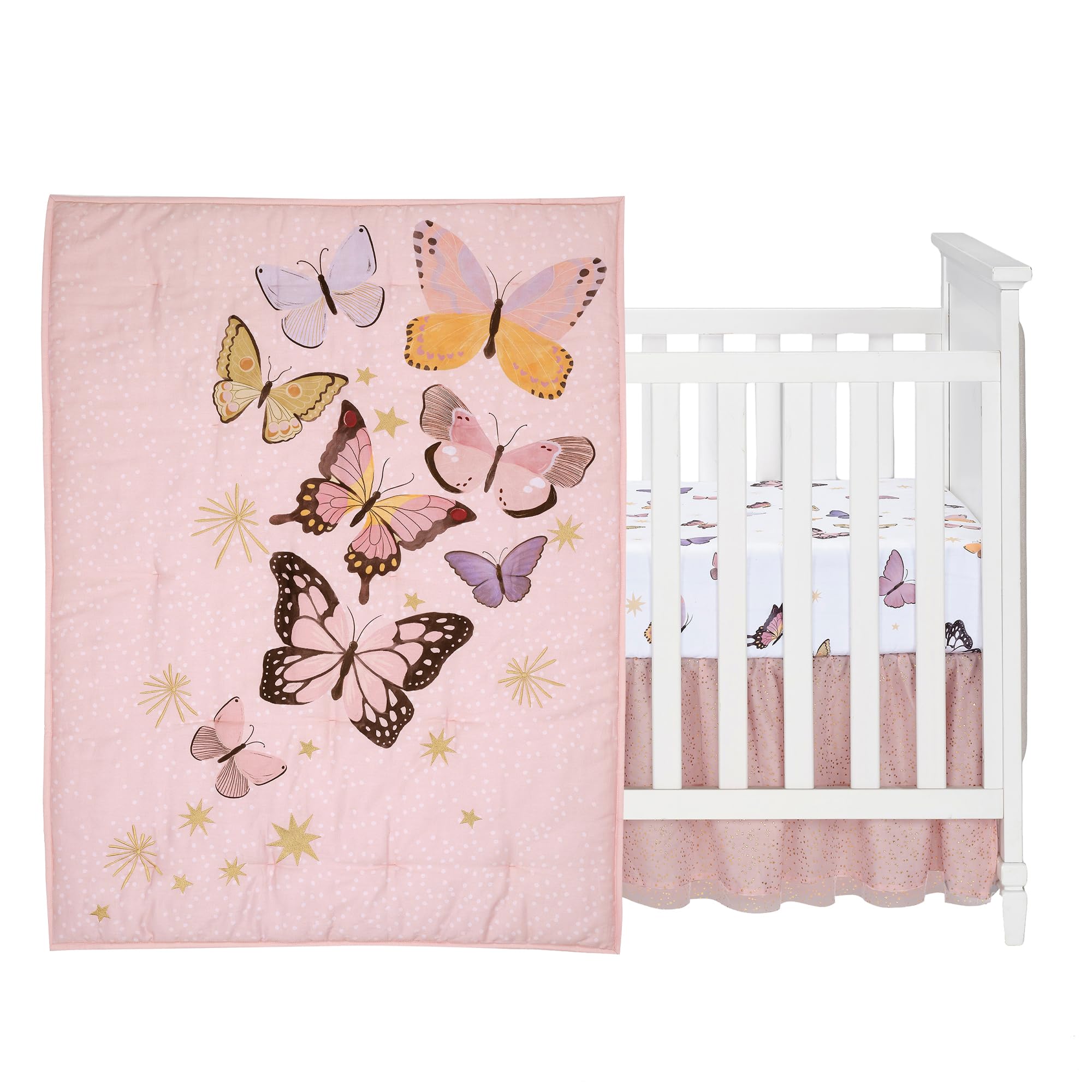 Lambs & Ivy Butterfly Dreams - Juego de ropa de cama de 3 piezas para cuna de bebé, color rosa y dorado