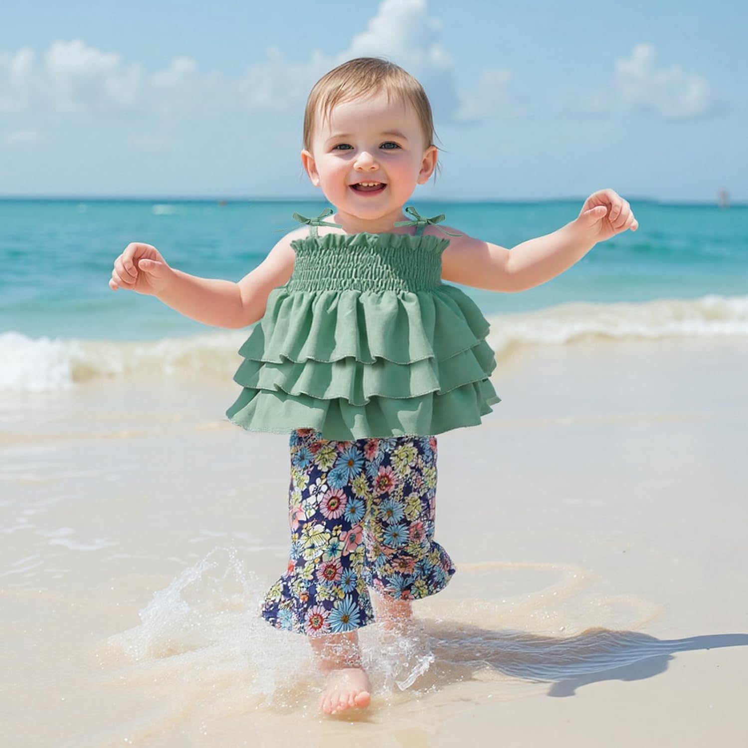 Tempura Baby Toddler Girl Summer Outfits Tie Shoulder Ruffle Layered Cami Tops Flared Pants 2 Pcs Set - Image 6