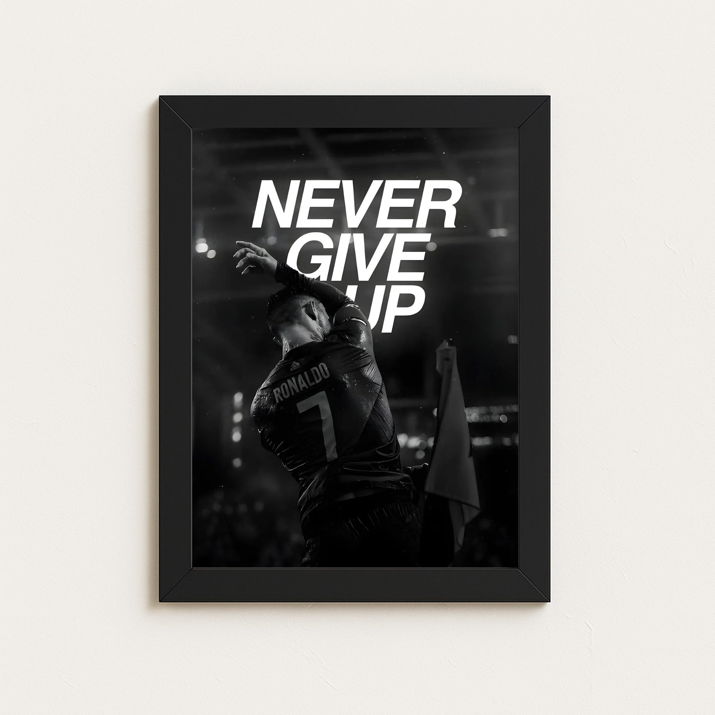 Ronaldo Never Give Up Framed Wall Art - CR7 Motivational Soccer Poster - Inspirational Black and White Football Sports Decor for Bedroom, Gym, or Fan - Photo Frame, 5x7 Inch (Black)-image-26