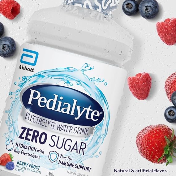 Pedialyte Electrolyte Water with Zero Sugar, Berry Frost Hydration Drink | Hydration Low in Calories, 3 Key Electrolytes for Adults and Kids Over Age 5, No Artificial Colors