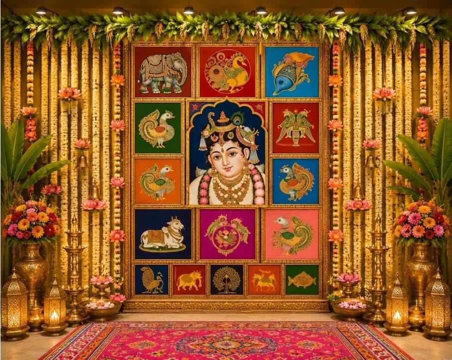 Image of Wedding Decoration Backdrop | Baby Krishna Janmashtami Backdrop Cloth with Holy Cow and Elephant Art 8x8 Feet | varalakshmi Background Decoration Cloth