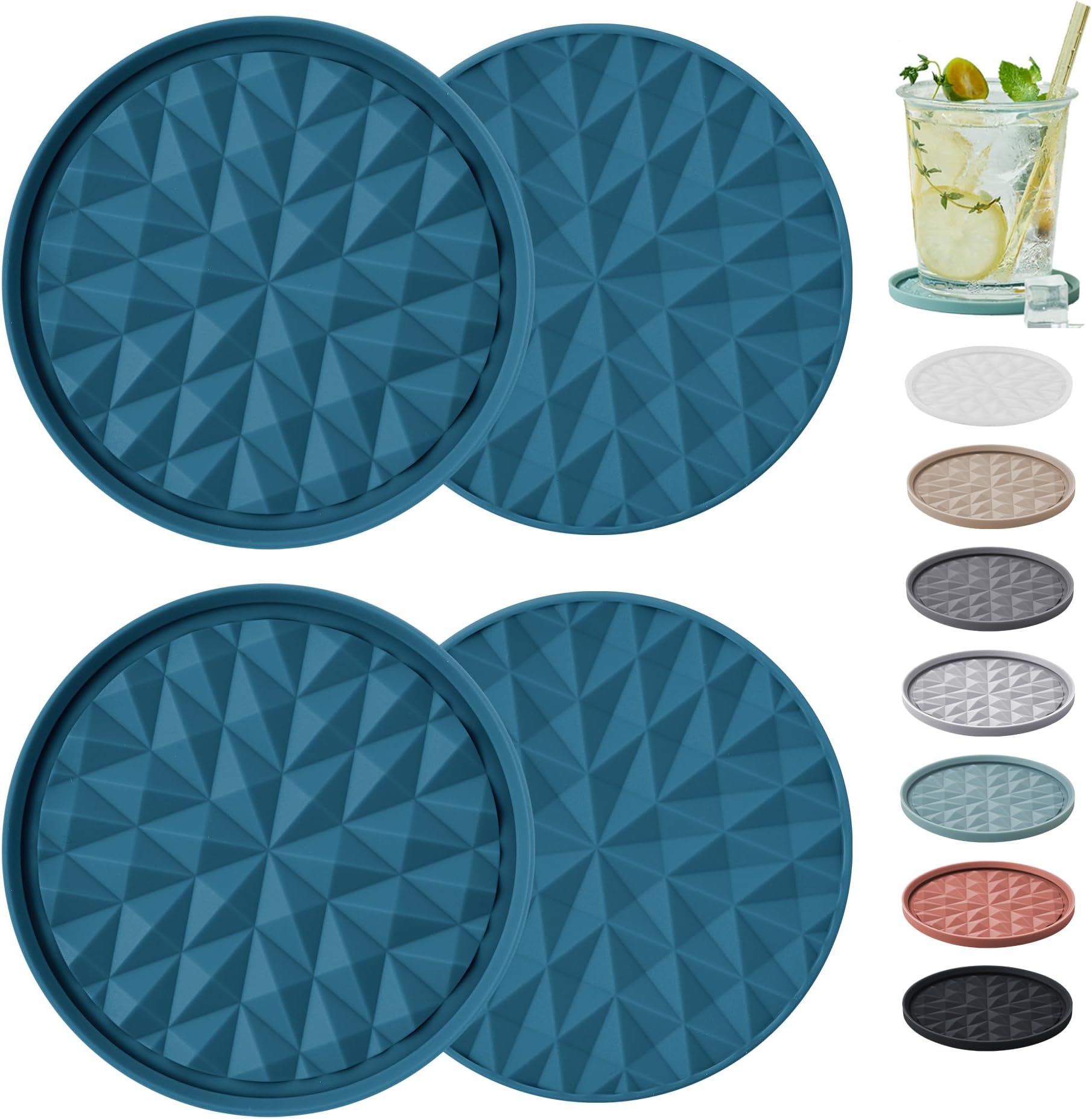 Silicone Coasters for Drinks[4 Pack]- Cup Mat for Tabletop Protection-Non-Slip, Non-Stick, Coffee Table Decor, Great Gift for Father’s Day, Dark Blue