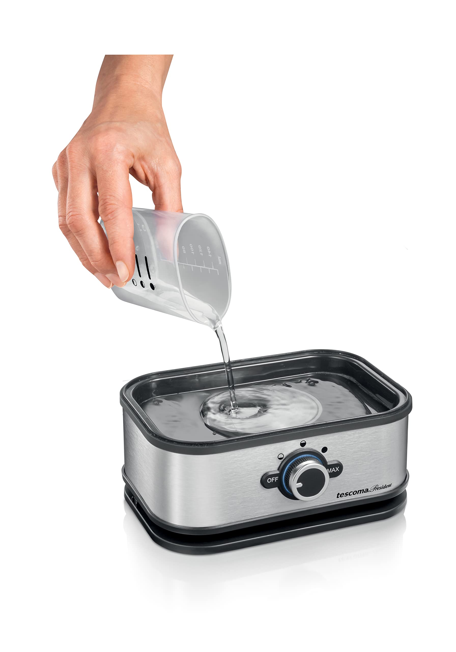 Tescoma 909100 Cuociuova elettrico per 6 uova, 3 programmi di cottura, acciaio inossidabile, linea President