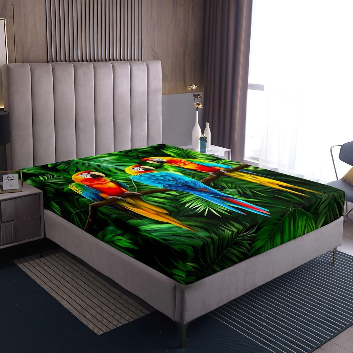 Erosebridal Parrot Fitted Sheet Full Size Watercolor Animal Feather Bed Cover Set Palm Leaf Bed Cover, Tropical Plant Birds Deep Pockets Sheet Set and 2 Pillow Cases for Bed Room