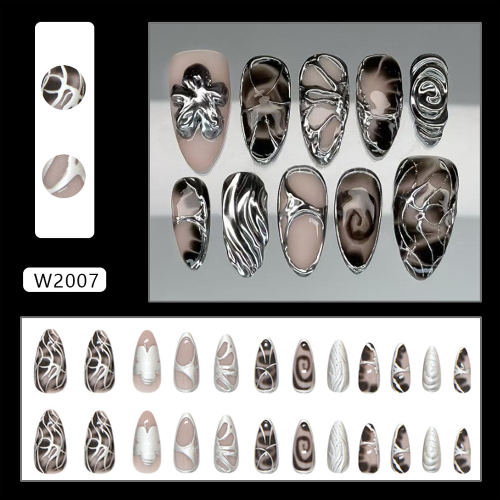 24Pcs Short Almond Press on Nails, Summer Nails with 3D Flowers Shading Silver Chrome Design, Full Cover Black Fake Nails - Image 2
