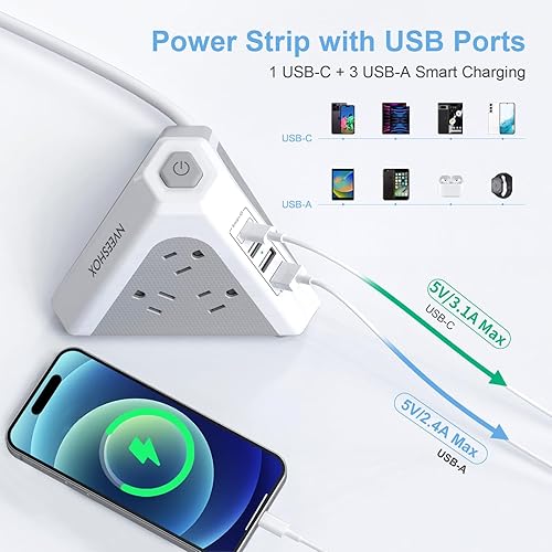 Miniatura 2 de NVEESHOX - Regleta protectora contra sobretensiones en torre, 9 salidas de CA con 4 puertos USB (1 USB C), enchufes triangulares de 3 lados con
