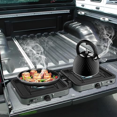 Miniatura 6 de Estufa de campamento de propano de 2 quemadores con parrilla y bolsa de transporte, estufa de campamento plegable portátil con quemadores ajustables