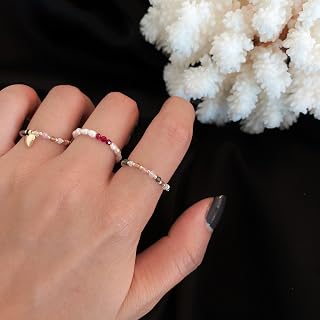 Crymystal Boho Crystal Bead Stretch Ring - Handmade Stackable Elastic Gemstone Beaded Rings for Women, Rainbow Jewelry Gifts