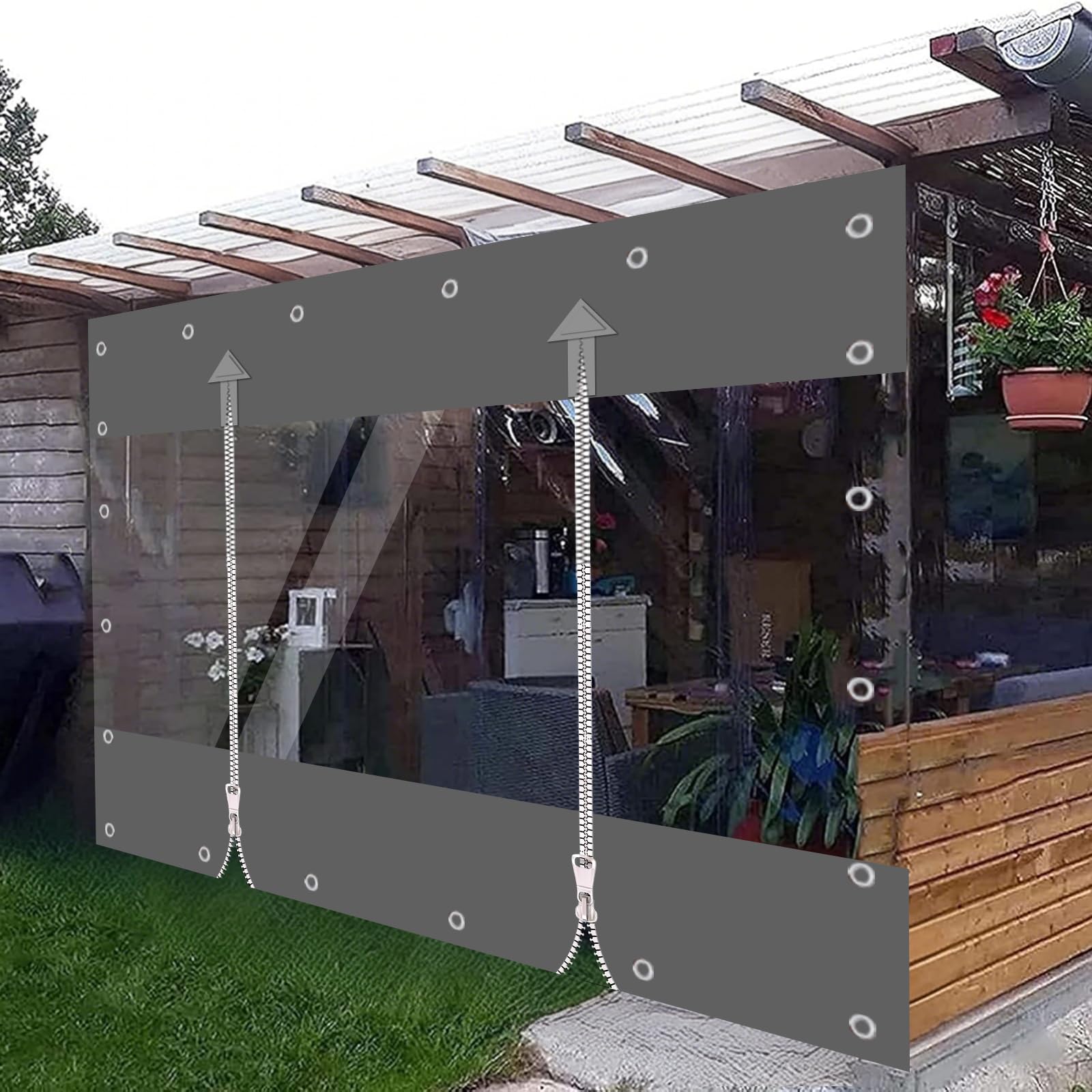 Transparente Plane, 650g/m² PVC Plane, Outdoor Vorhang mit Reißverschluss, Wasserdiche Abdeckplanne Windschutz und Regenschutz für für Pavillon, Balkone, Terrassen (Grau, Höhe 2.1m x Breite 3m)