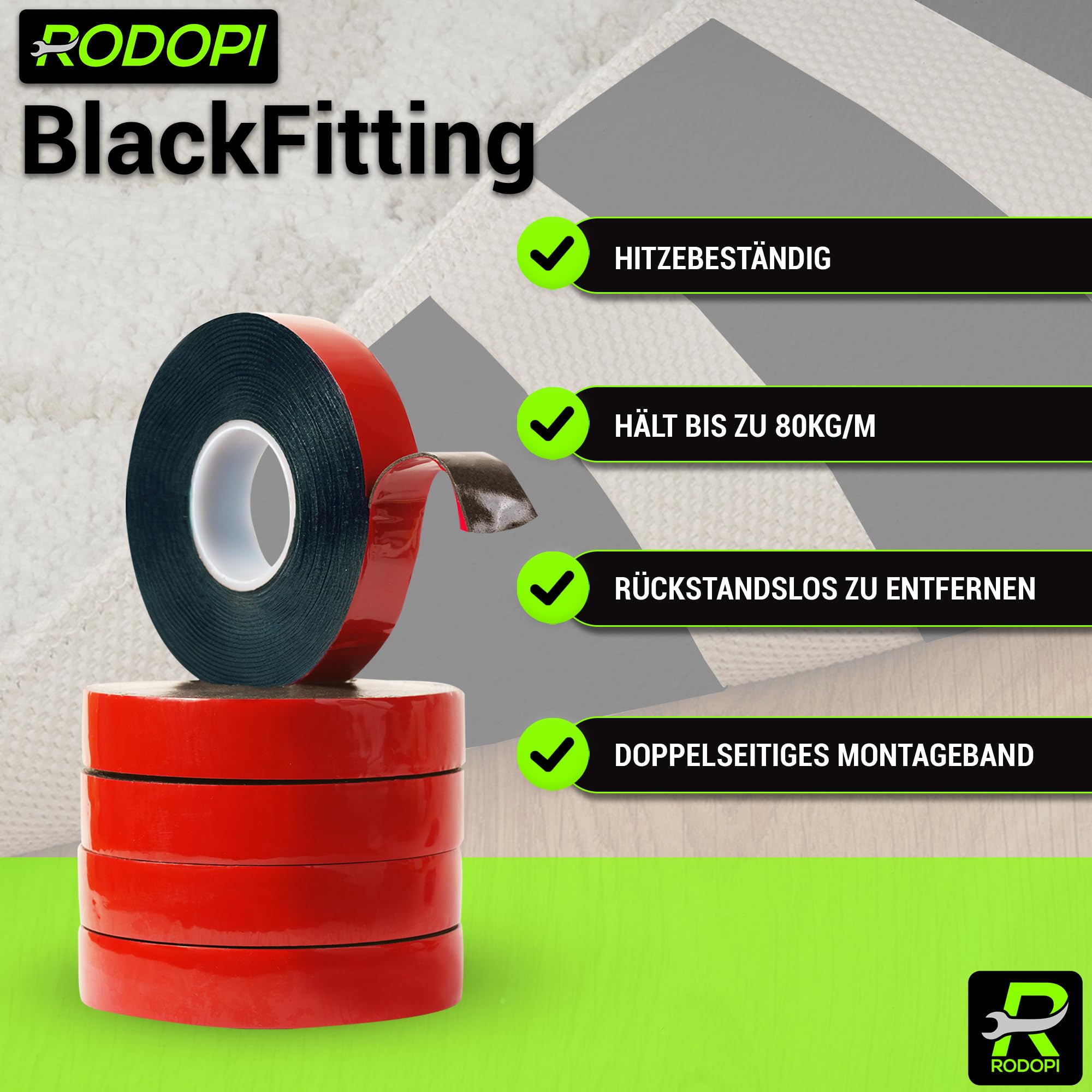 RODOPI Doppelseitiges Klebeband BlackFitting Klebeband Doppelseitig schwarz 19mm x 5m Montageband extra stark wasserfestes Spiegelklebeband ablösbar (50 Rollen)