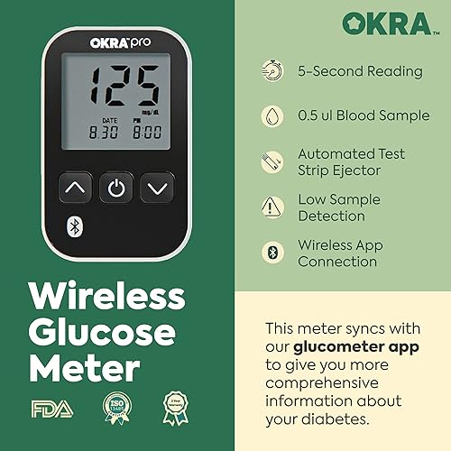 Miniatura 5 de Okra Kit de monitor de glucosa profesional - Se sincroniza con la aplicación gratuita - Medidor, tiras de prueba, lancetas, dispositivo de punción,