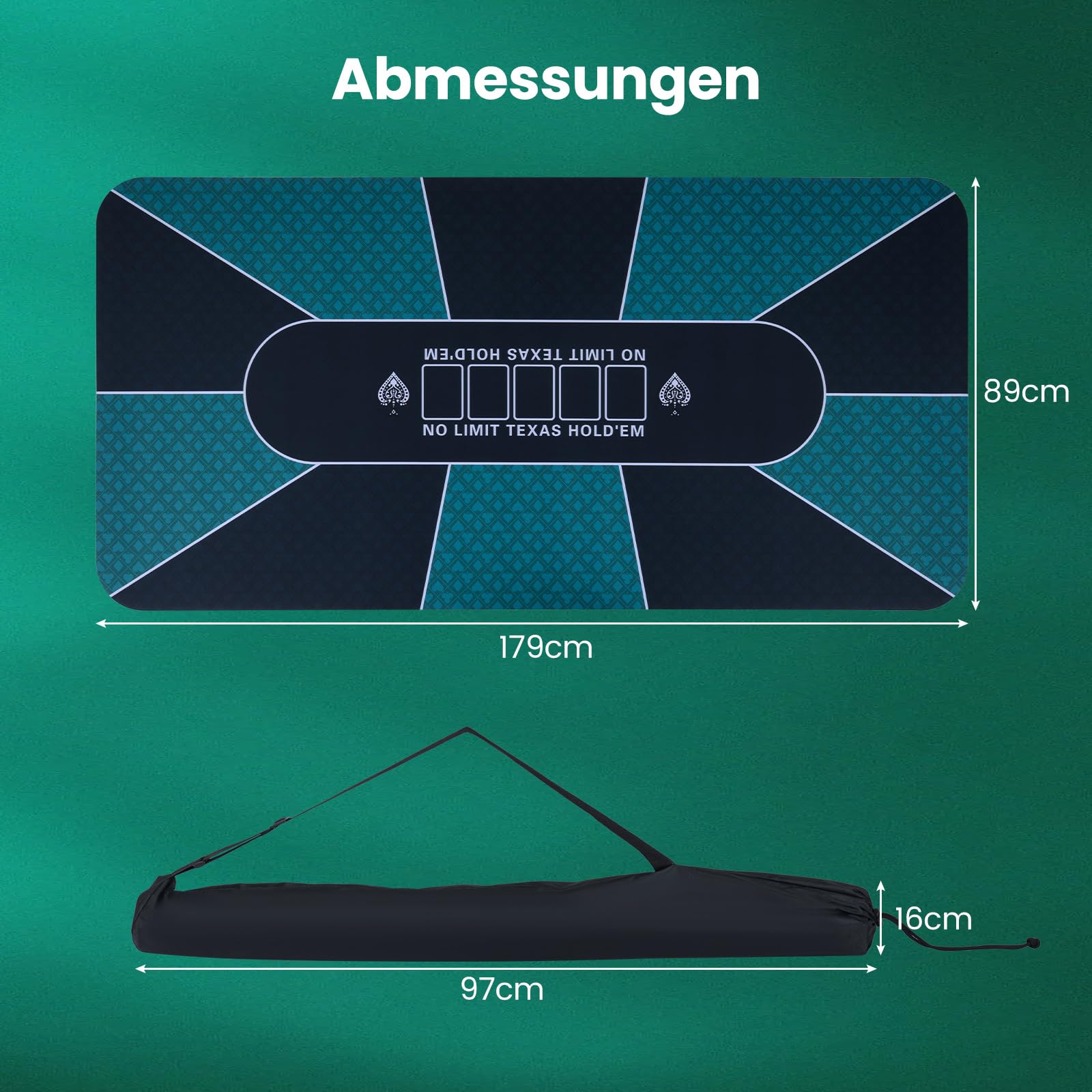 COSTWAY Pokermatte 179 x 89 cm, Texas Hold'em Pokertisch-Auflage rutschfest und wasserfest, Pokerauflage für bis zu 10 Spieler, inkl. Tragetasche, Poker Matte für Casino, Blackjack