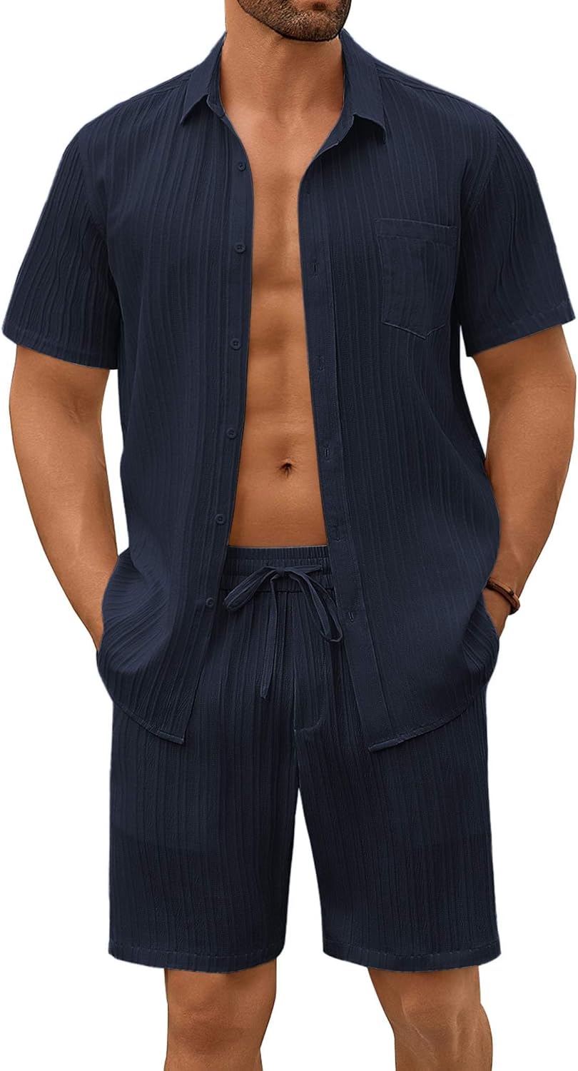 COOFANDY Mens Beach Outfits 2 Piece Sets Casual Short Sleeve Button Down Summer Textured Shirt