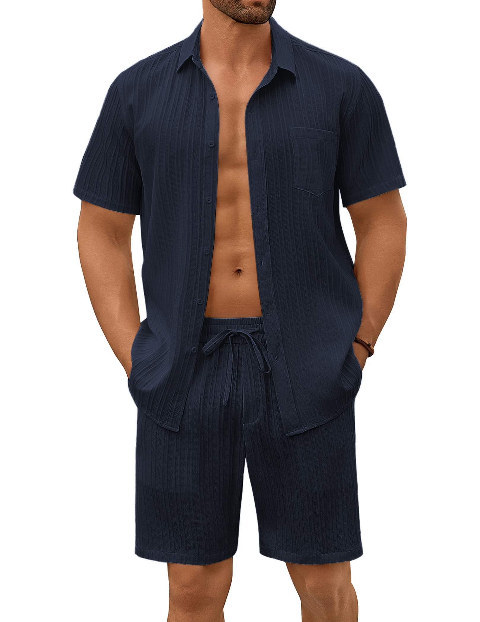 COOFANDY Mens Beach Outfits 2 Piece Sets Casual Short Sleeve Button Down Summer Textured Shirt