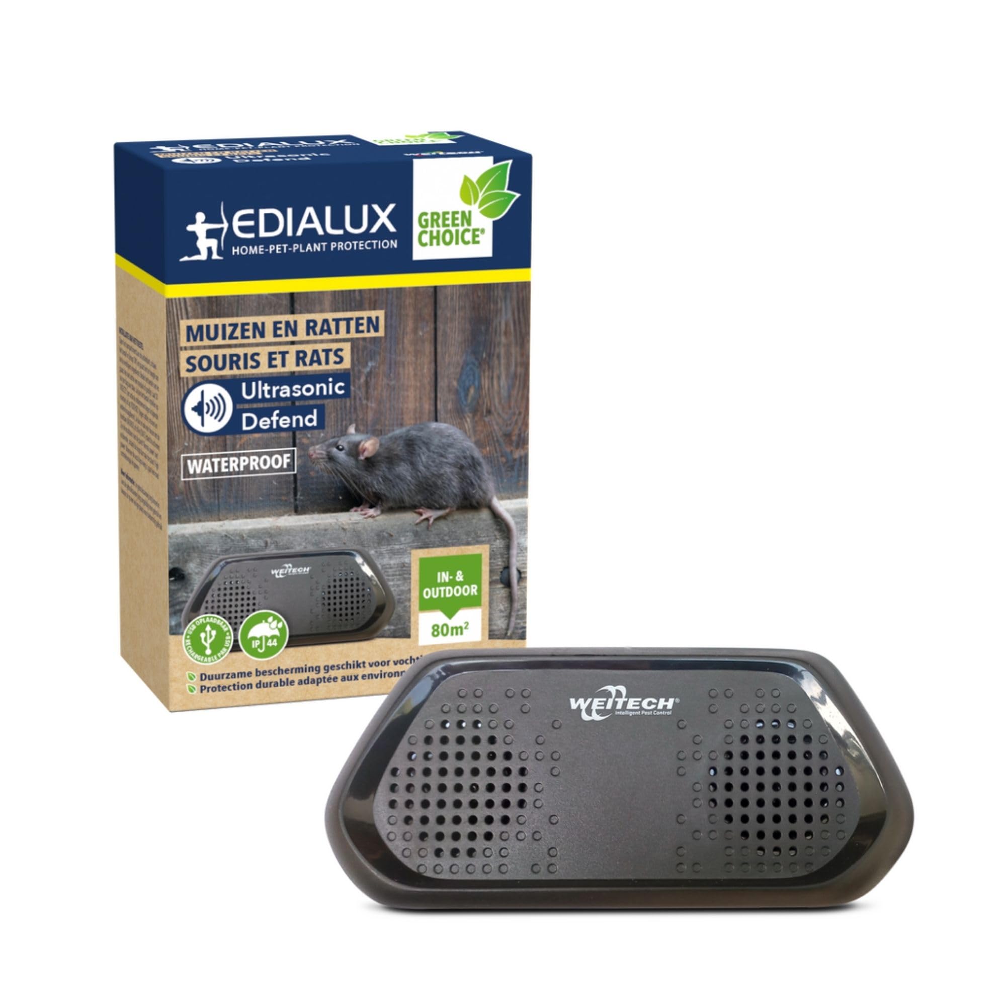 Edialux Ahuyentador de roedores Ultrasonic Defend, ahuyentador de Ratones y Ratas, Sonido ultrasónico, Resistente al Agua ip44, Recargable por USB, Uso en Interiores y Exteriores, sótano de cobertizo