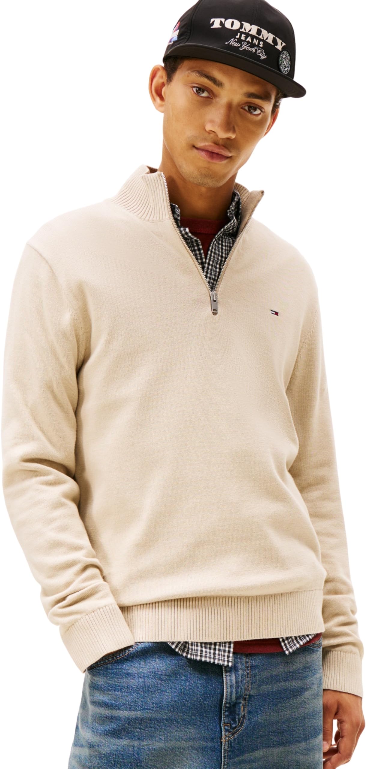 Tommy Jeans Men's TJM SLM Ess Light ¼ Zip SWTR Ext Dm0Dm21654 Half Sweater, Beige (Gulf Sand), XXL