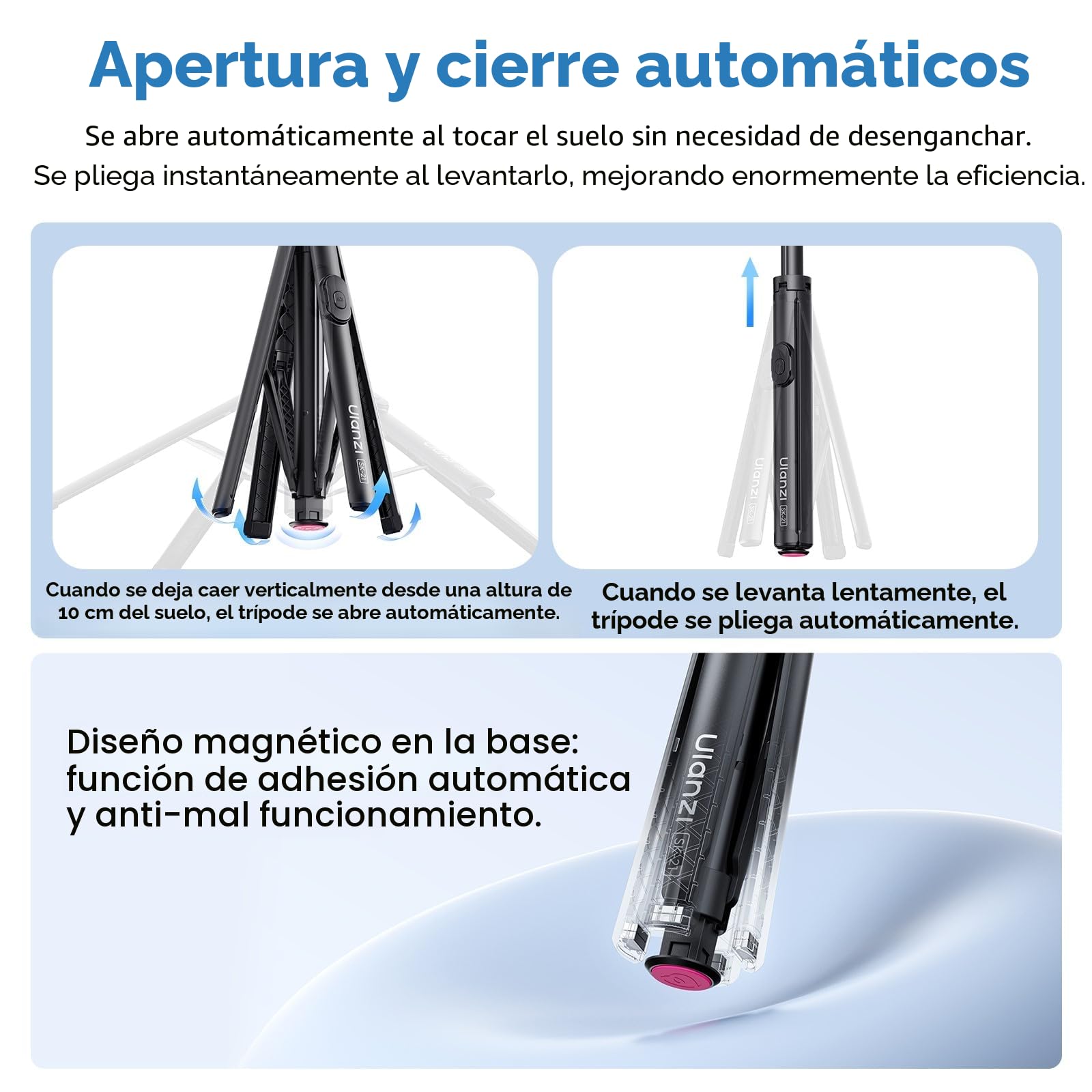 ULANZI SK-21 Trípode Magnético para Teléfono 180cm, Soporte Autodesplegable con 4 Patas, Palo Selfie Bluetooth, Compatible con iPhone 12-17, MagSafe y Samsung