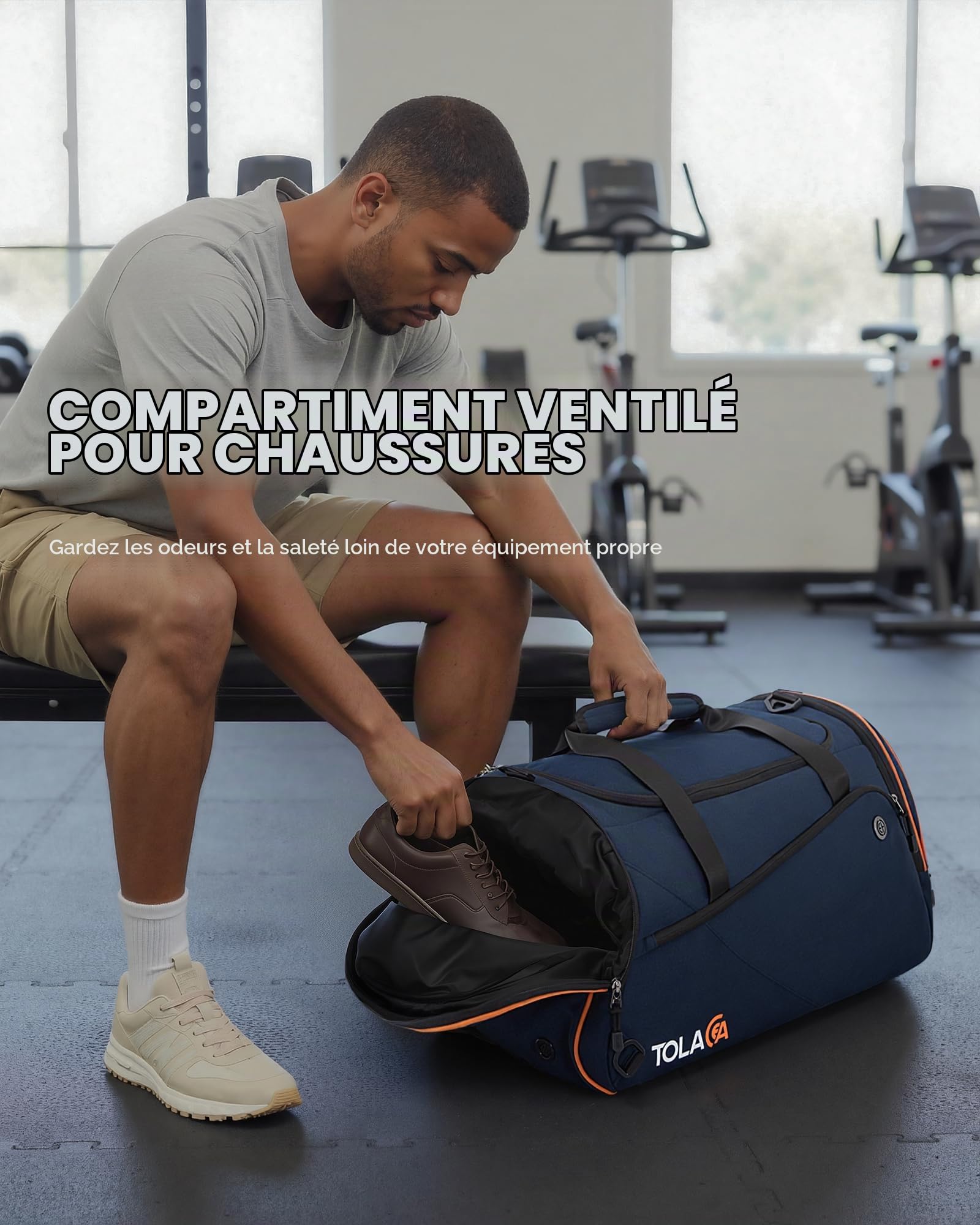 Tolaccea Sac de Sport Homme 47L avec Compartiments Chaussures et Humide | Oxford RPET déperlant | Sac Duffel convertible 3-en-1 | Compartiment chaussures & humide | Laptop 15,6" | Porte-bouteille