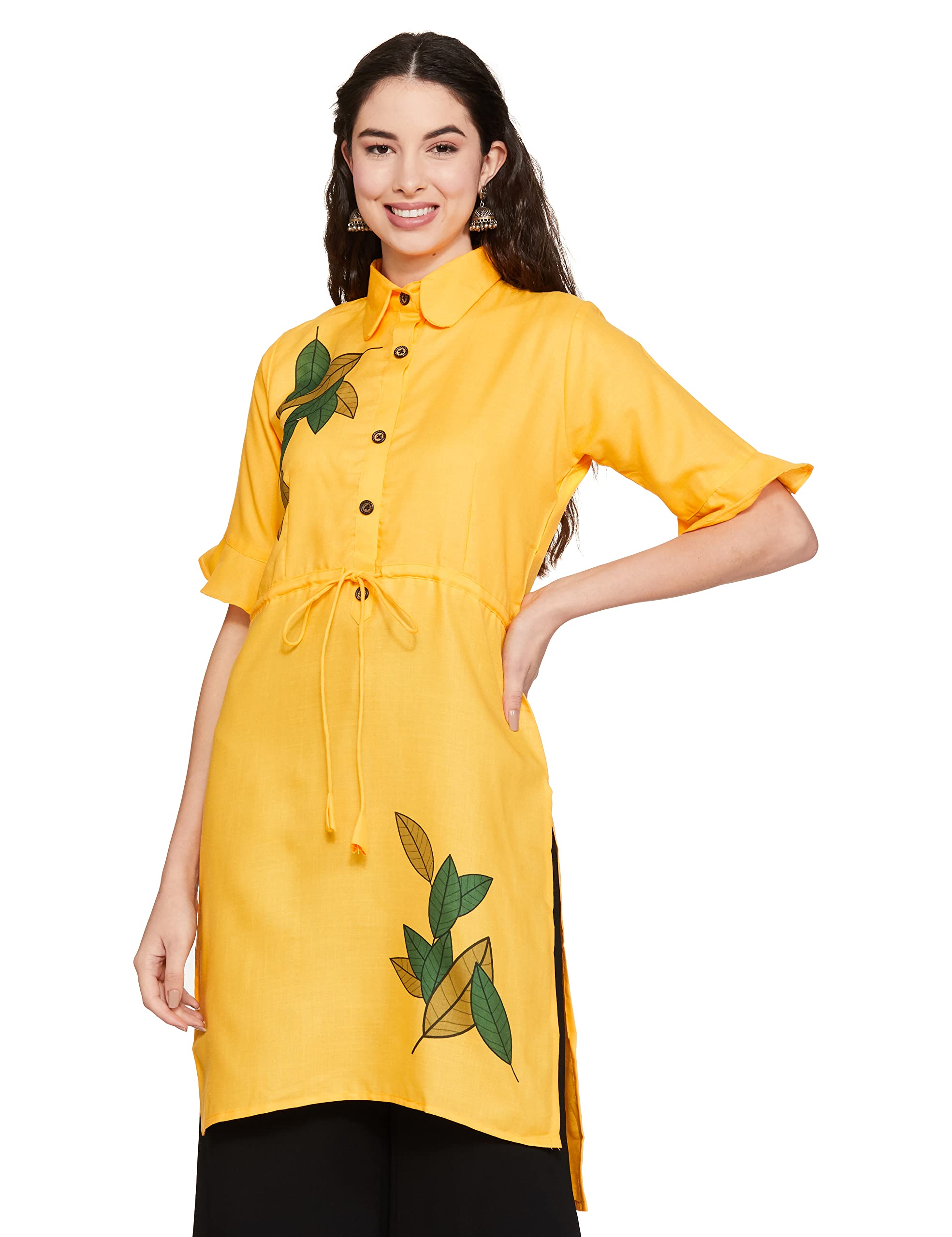 Om Sai Latest Creation Designer Slub Rayon Fully Stitched Straight Kurti For Women & Girls On Jeans Palazzo Or Skirt (Plus Size Upto 2Xl)-(Black) (Yellow, X-Large)