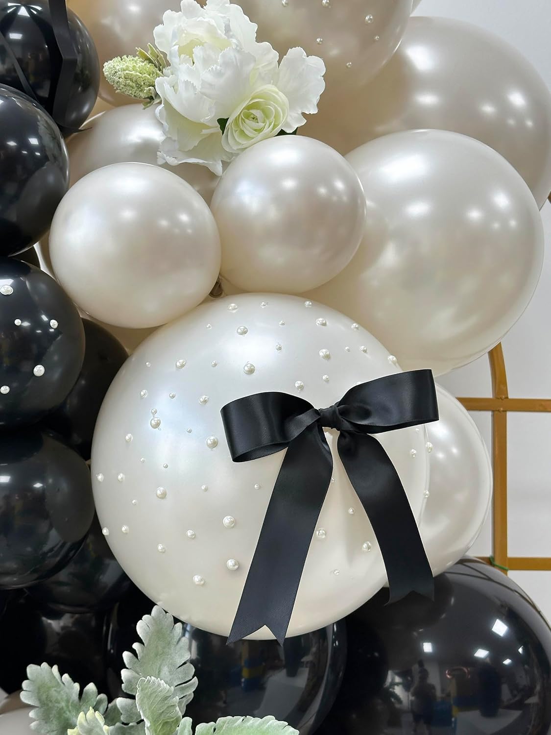 185pcs Black and Double Stuffed Pearl Sand Balloon Arch Kit with Bows & Faux Pearls, Black and White Balloons for Birthday Baby Shower Wedding Bridal Shower Anniversary Party Decorations