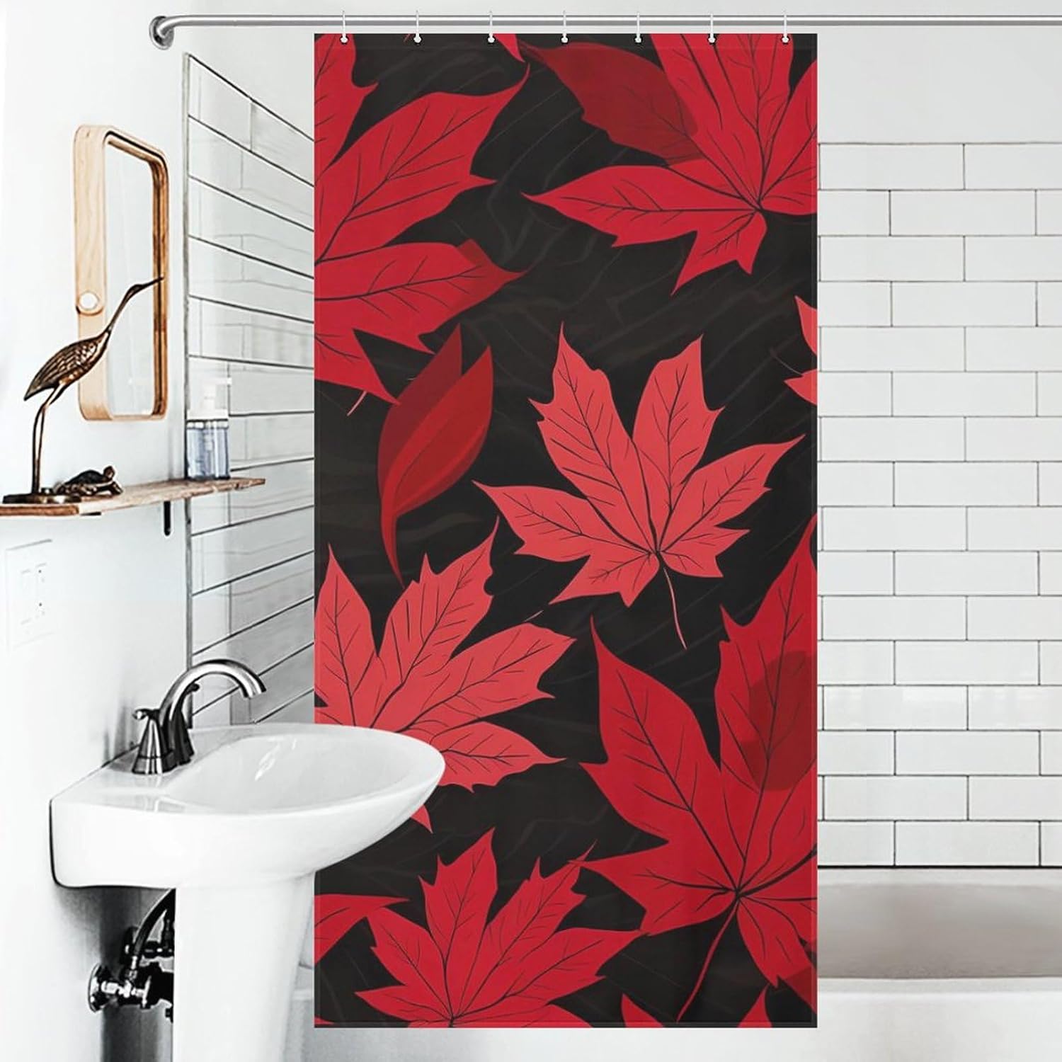 Red Maple Leaves Funny Shower Curtains Washable Bath Curtain Liner with Hooks for Bathroom Bath Tubs