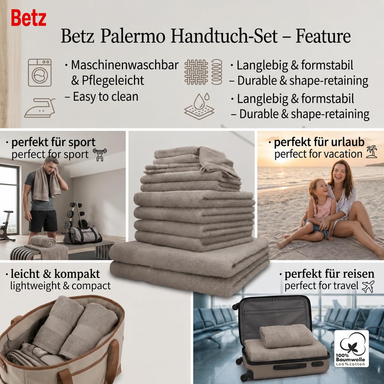 Betz Lot de 12 Serviettes Palermo Set de 2 draps de Bain 4 Serviettes de Toilette 2 Serviettes d'invité 2 lavettes 2 Gants de Toilette 100% Coton Couleur Gris Pierre