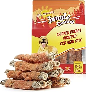 Jungle Calling Dog Treats, High Protein Dog Chewy Treats Health Teeth and Coat, Chicken Wrapped Cod Skin Sticks, Rawhide-Free Cod Fish Skin Snacks for Dogs, 10.6 oz